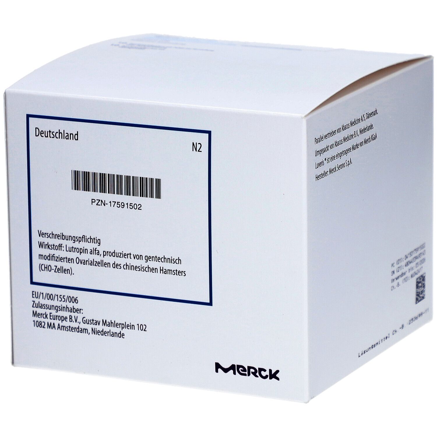Weiße Faltschachtel mit 'Deutschland' und 'Merck' Logo. Text über Wirkstoff und Zulassungsinhaber.