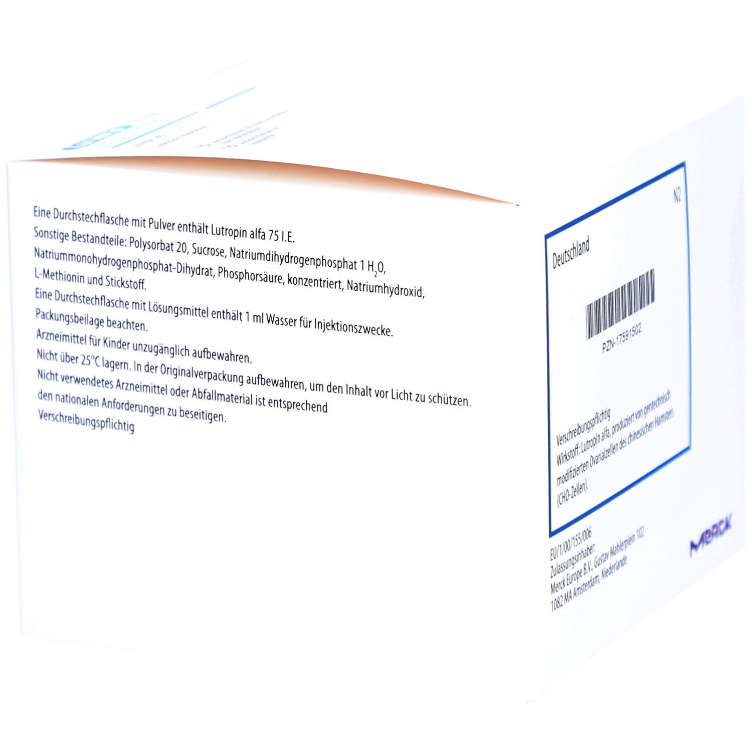 Rückseite der Faltschachtel mit Inhaltsstoffangaben. 'Merck' Logo unten rechts.