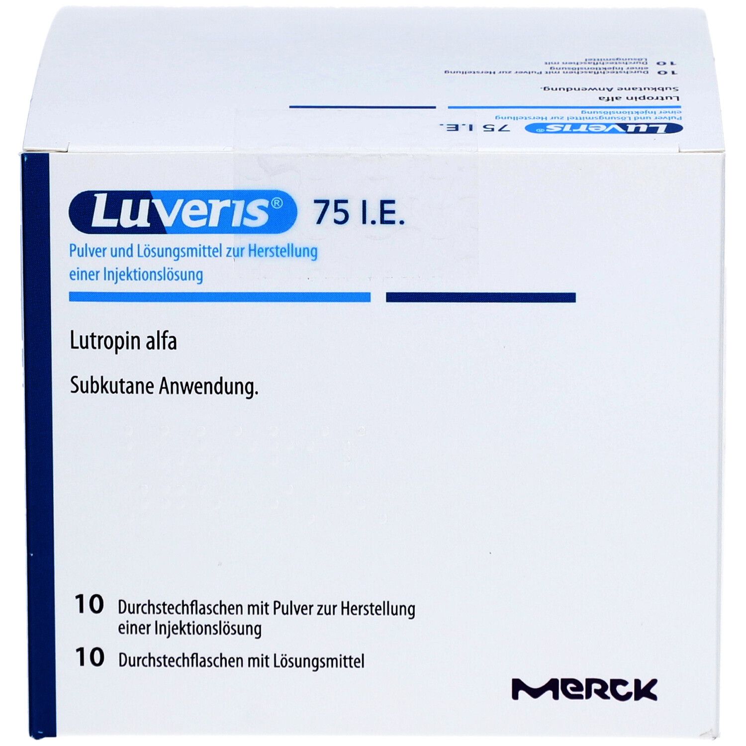 Weiße Faltschachtel mit 'Luveris 75 I.E.' und 'Lutropin alfa'. Enthält 10 Durchstechflaschen mit Pulver und Lösungsmittel.