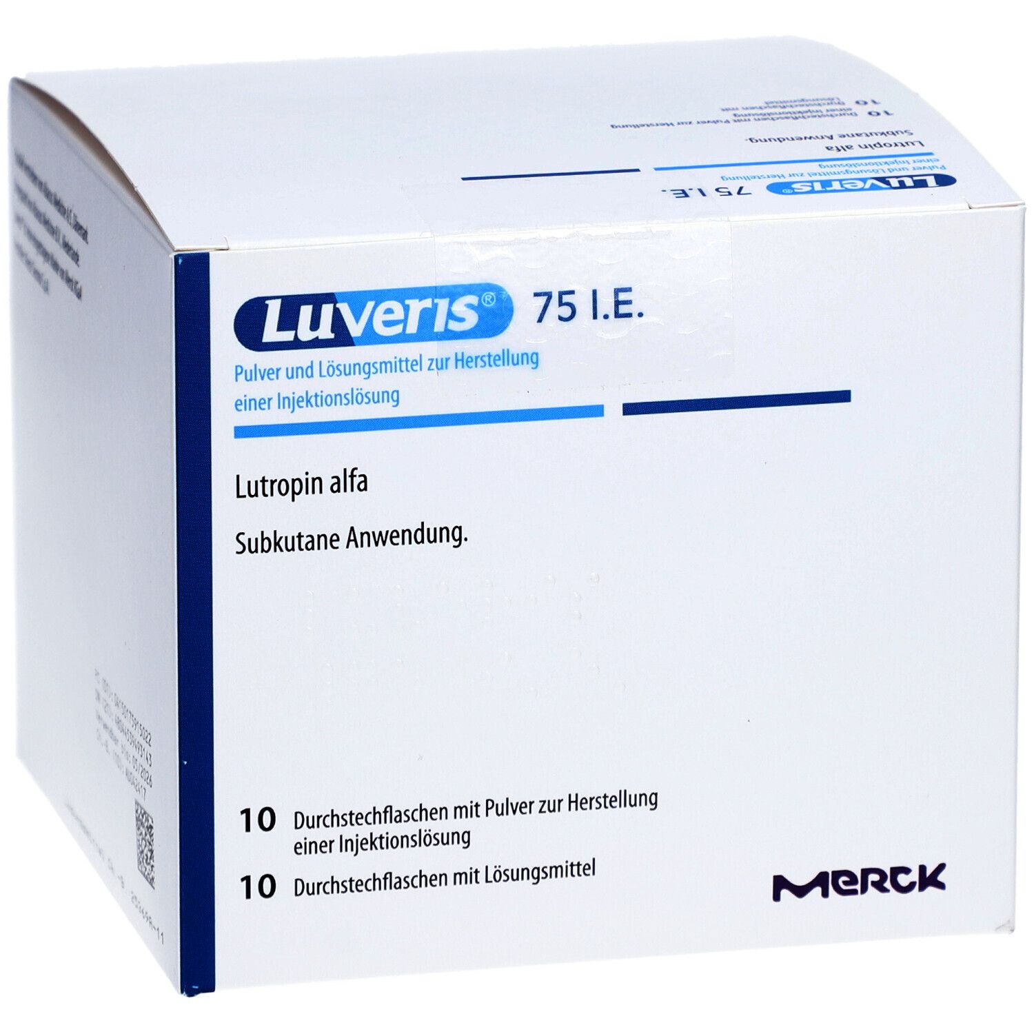 Weiße Faltschachtel mit 'Luveris 75 I.E.' und 'Lutropin alfa'. Enthält 10 Durchstechflaschen mit Pulver und Lösungsmittel.