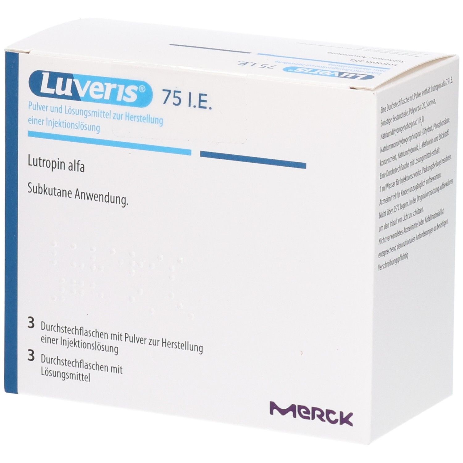 Verpackung von Luveris 75 I.E. mit Lutropin alfa zur Herstellung einer Injektionslösung. Enthält 3 Durchstechflaschen mit Pulver und 3 mit Lösungsmittel.