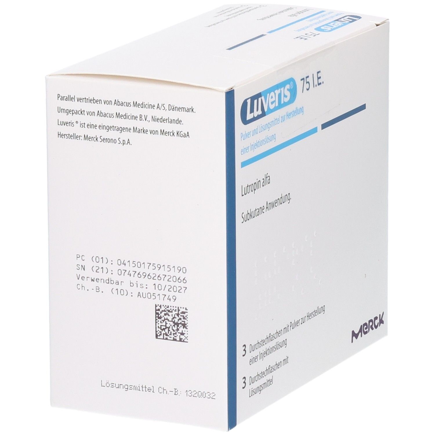 Rückseite der Luveris 75 I.E. Verpackung mit Herstellerinformationen und Verfallsdatum.