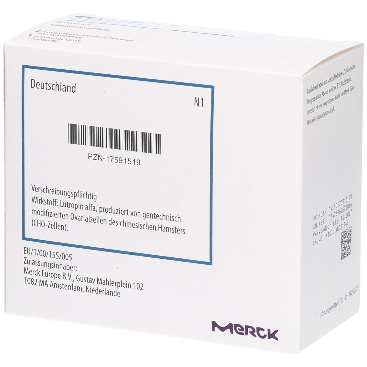 Seitenansicht der Luveris 75 I.E. Verpackung mit PZN und Zulassungsinformationen für Deutschland.