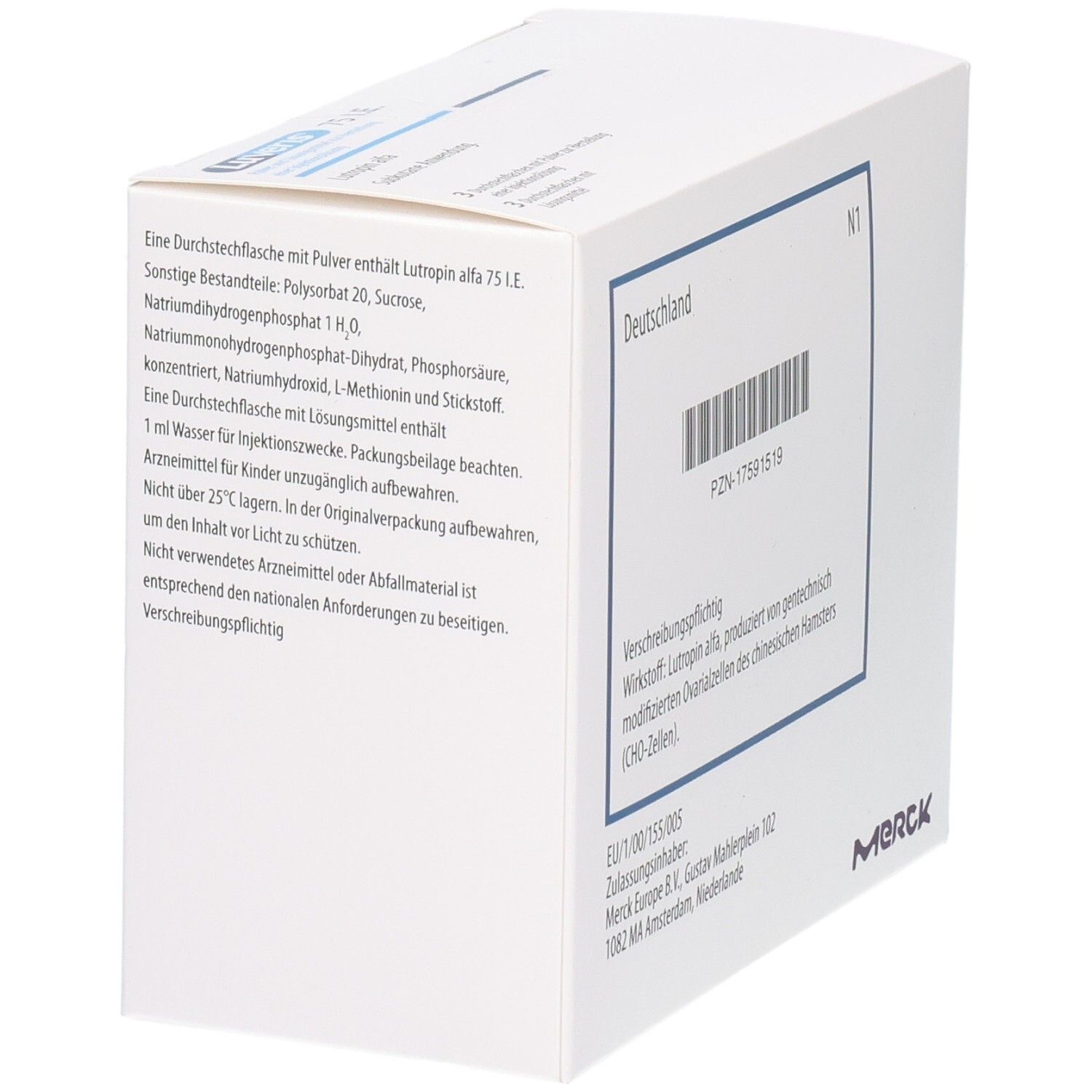Seitenansicht der Luveris 75 I.E. Verpackung mit detaillierten Inhaltsstoffen und Anwendungshinweisen.