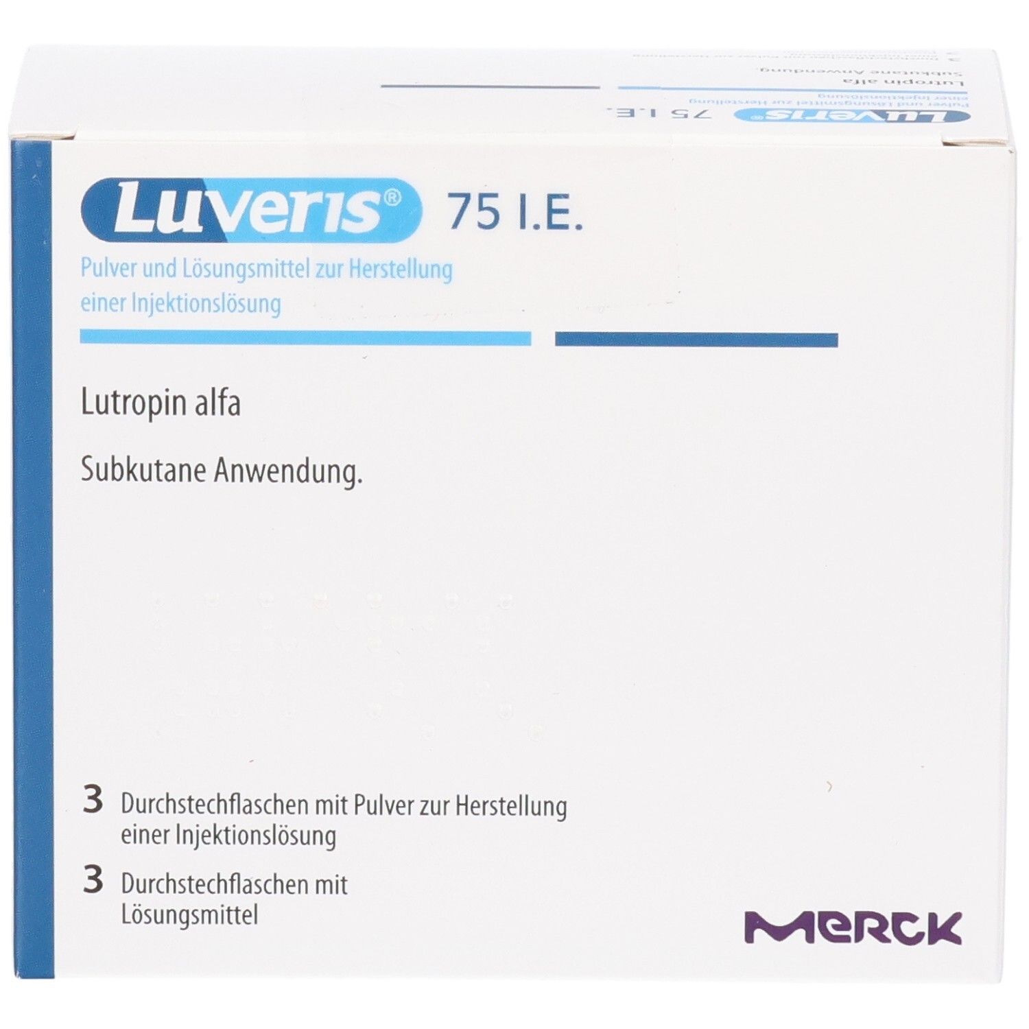 Vorderseite der Luveris 75 I.E. Verpackung mit Produktbezeichnung und Inhaltsangabe.