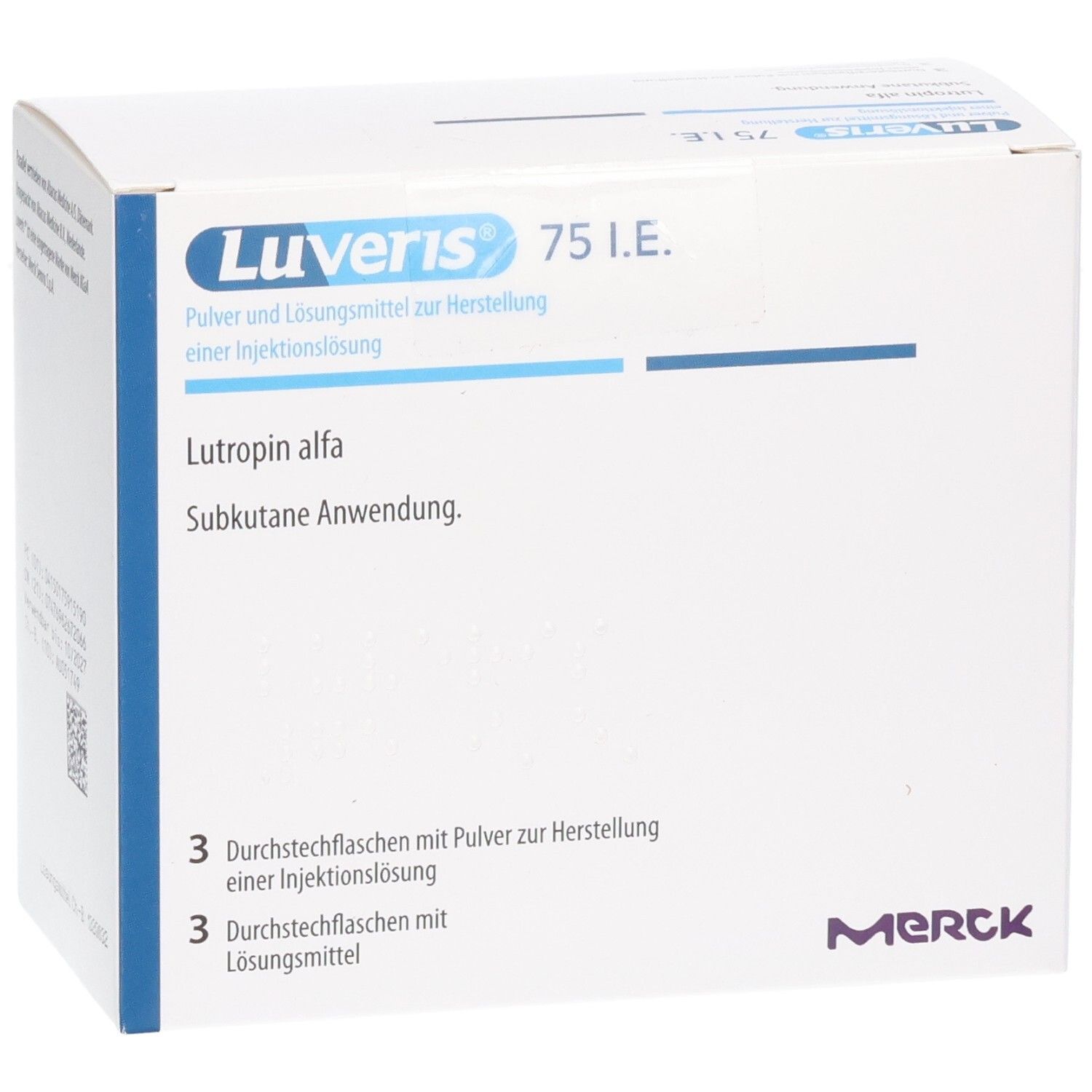 Luveris 75 I.E. Verpackung, Pulver und Lösungsmittel zur Herstellung einer Injektionslösung.
