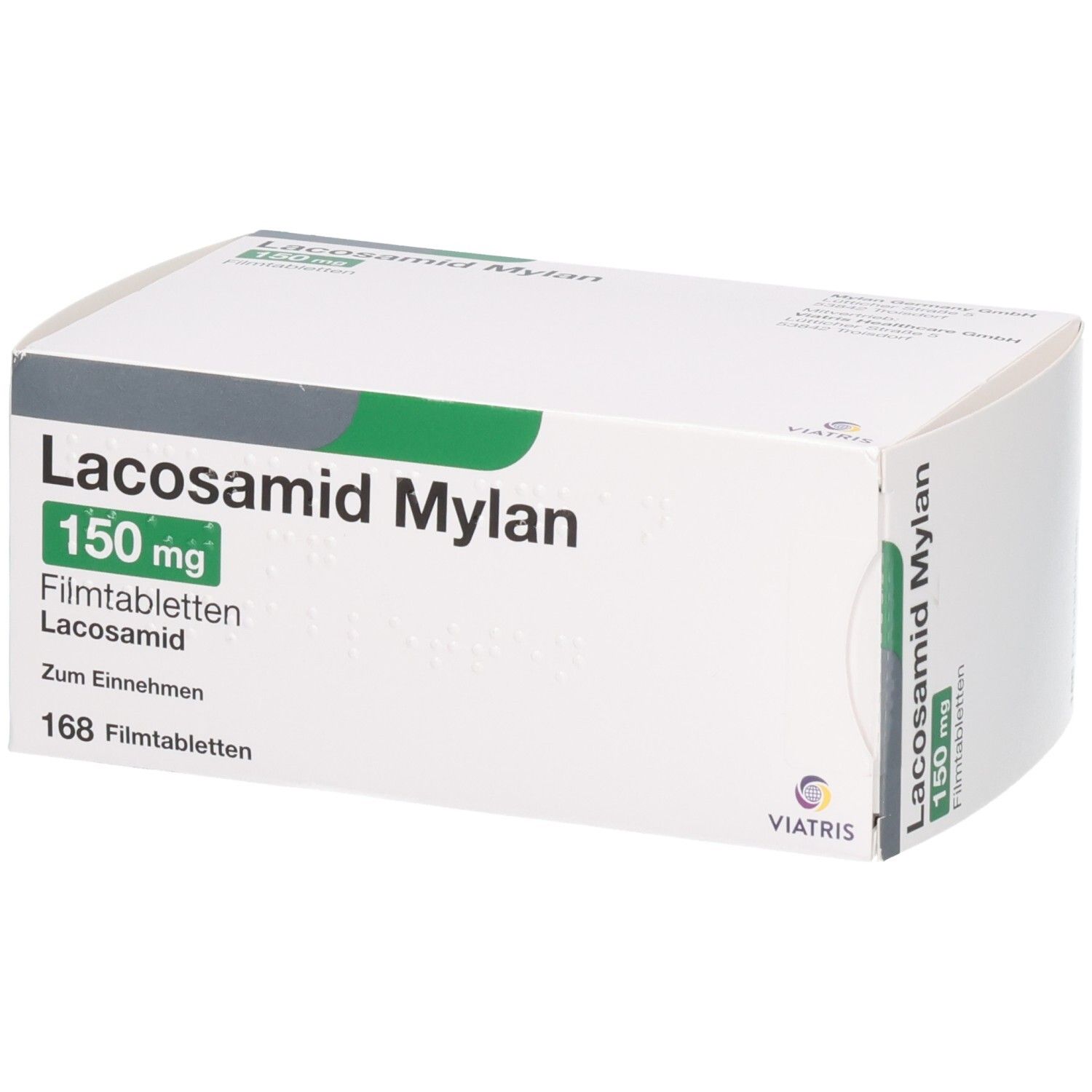 Lacosamid Mylan 150 mg Filmtabletten, 168 Stück. Kartonverpackung mit Produktinformationen.