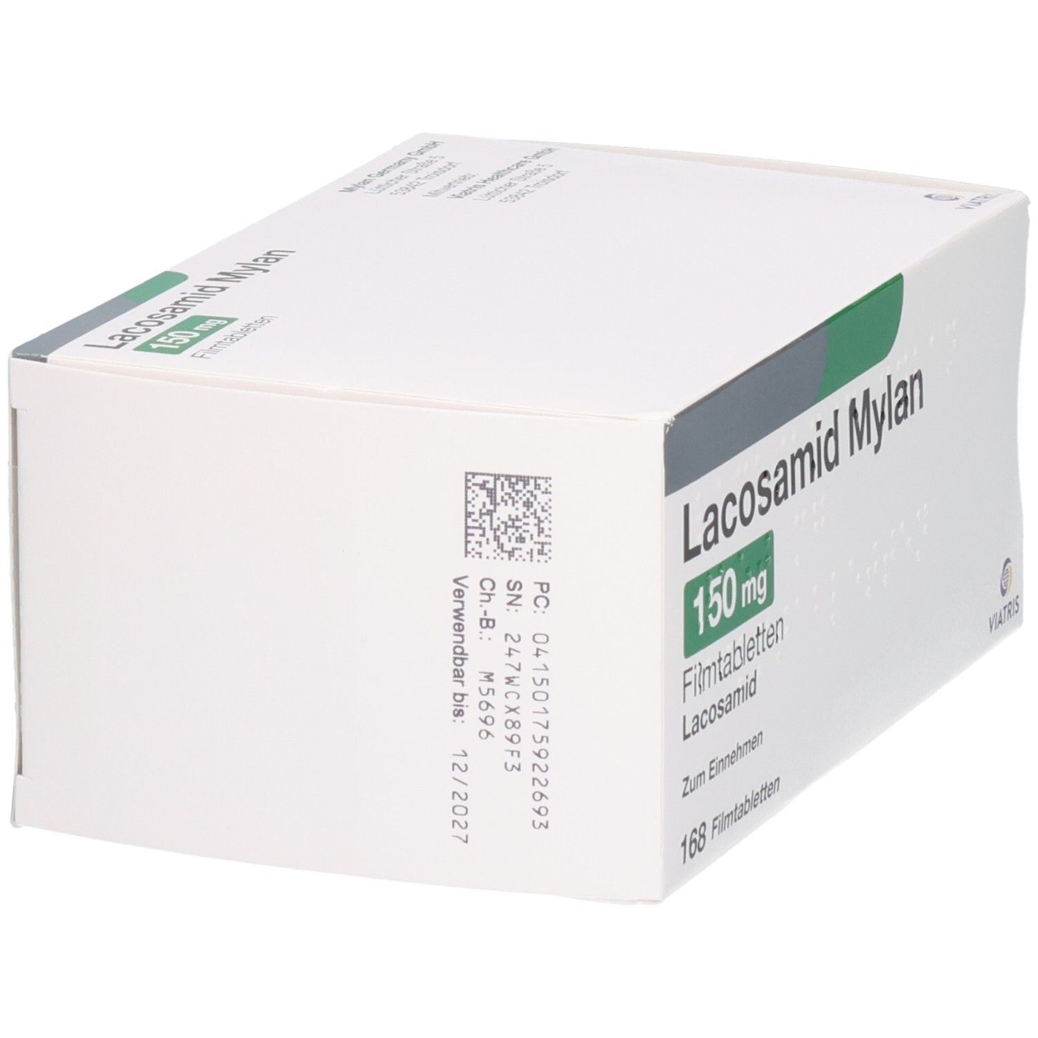 Lacosamid Mylan 150 mg Filmtabletten. Rückseite der Verpackung mit Chargennummer und Verfallsdatum.