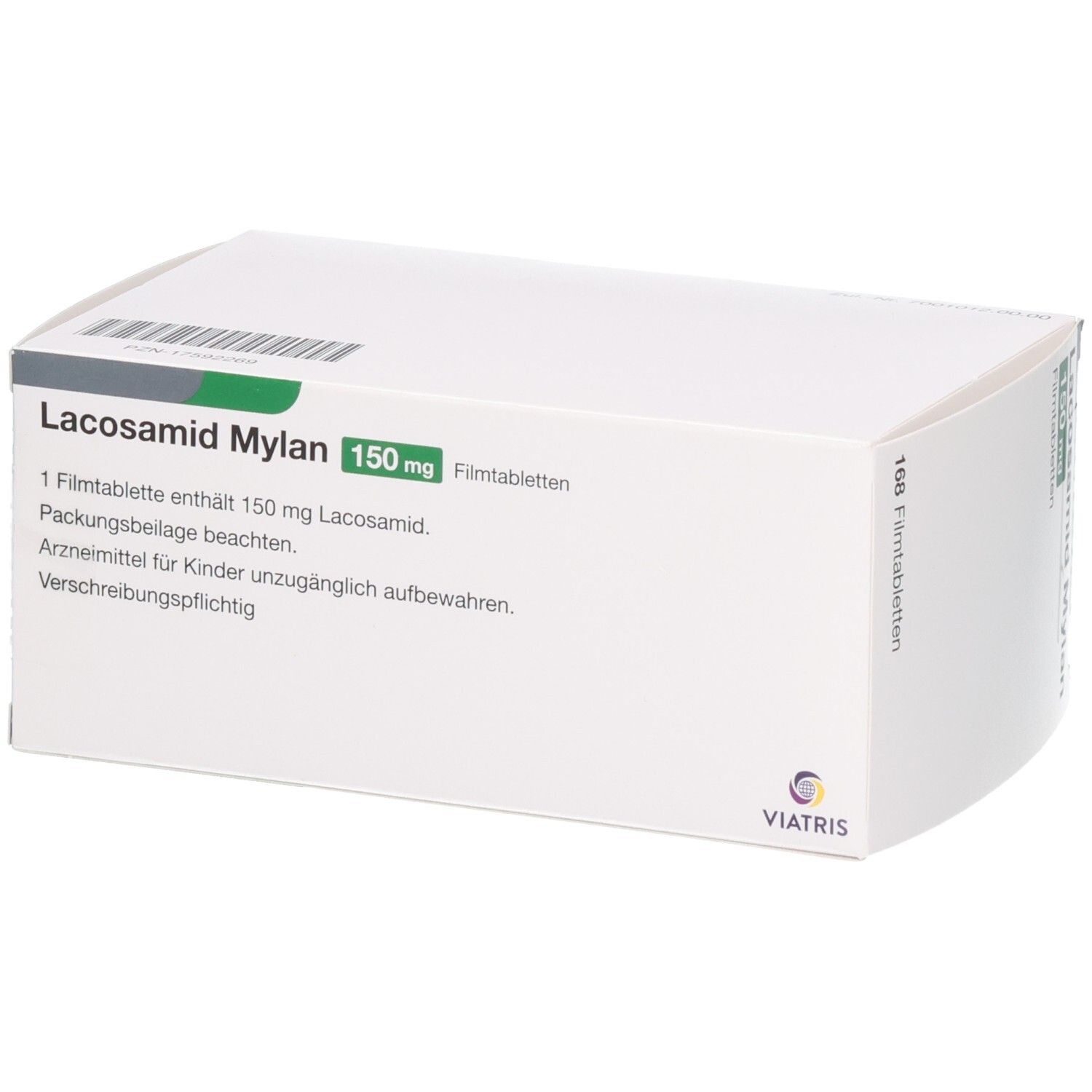 Lacosamid Mylan 150 mg Filmtabletten. Verpackung mit Details zu Inhaltsstoffen und Anwendungshinweisen.