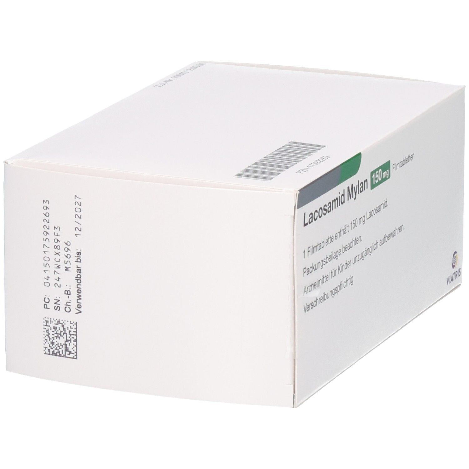 Lacosamid Mylan 150 mg Filmtabletten. Seitenansicht der Verpackung mit Chargen- und Verfallsdaten.