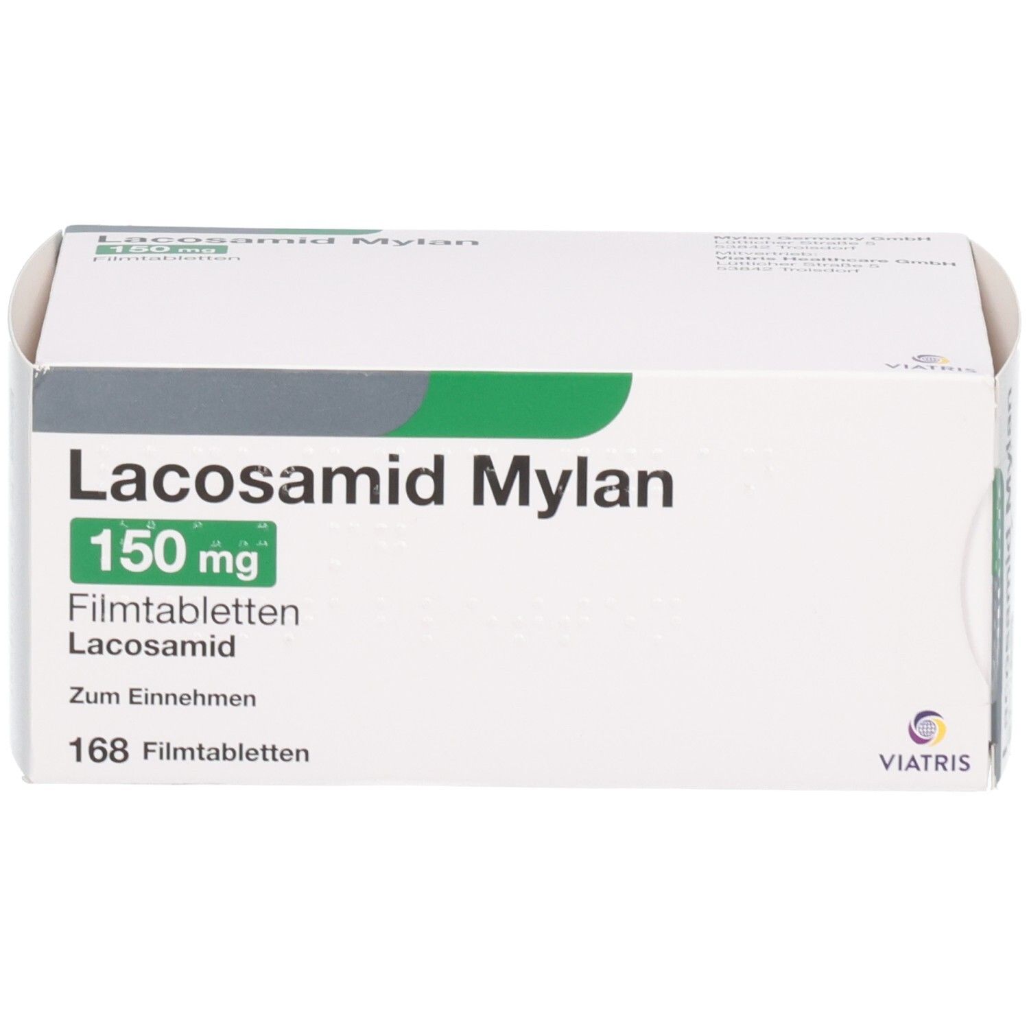 Lacosamid Mylan 150 mg Filmtabletten, 168 Stück. Vorderseite der Verpackung mit Produktnamen und Dosierung.
