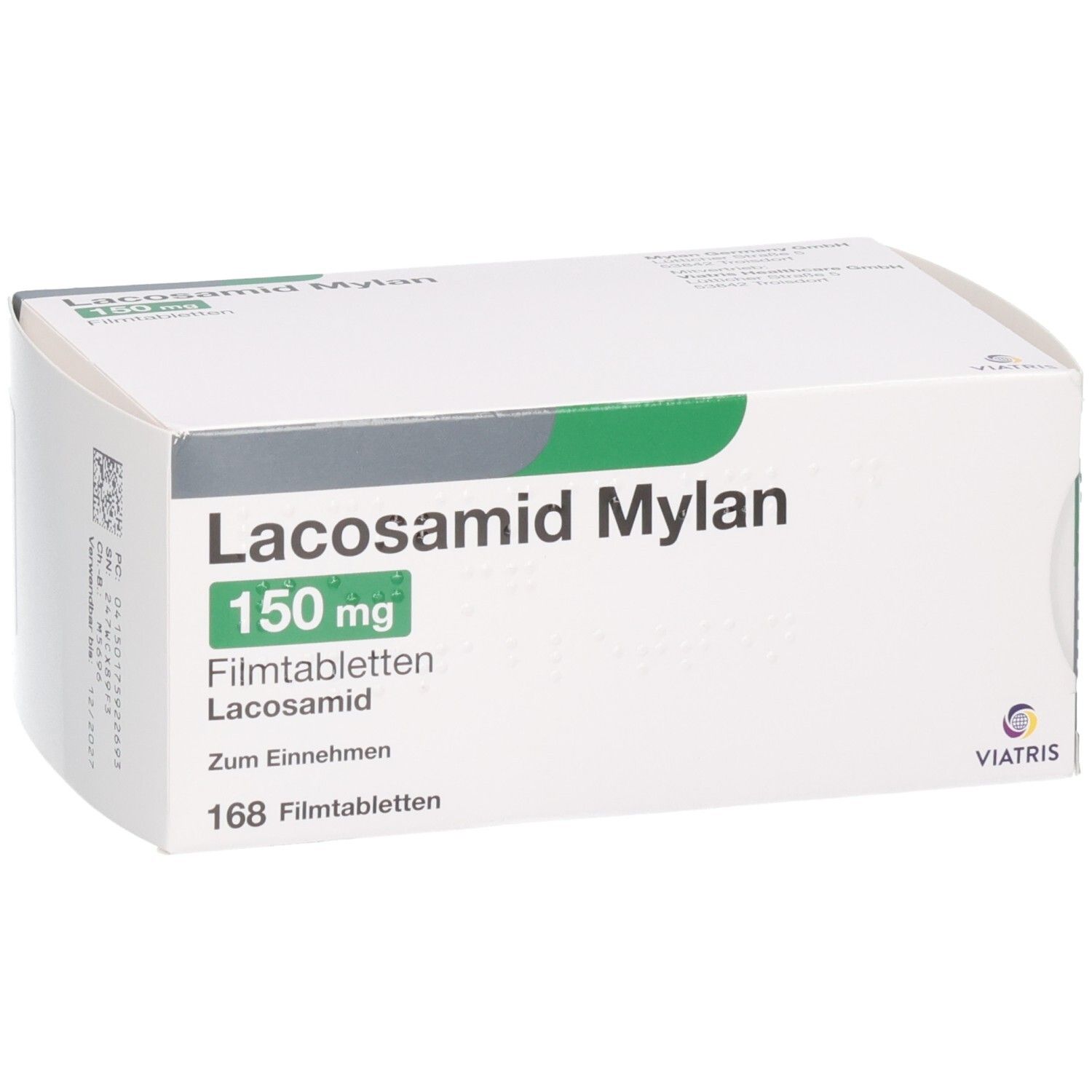 Lacosamid Mylan 150 mg Filmtabletten. Verpackung mit Viatris Logo und Produktbezeichnung.