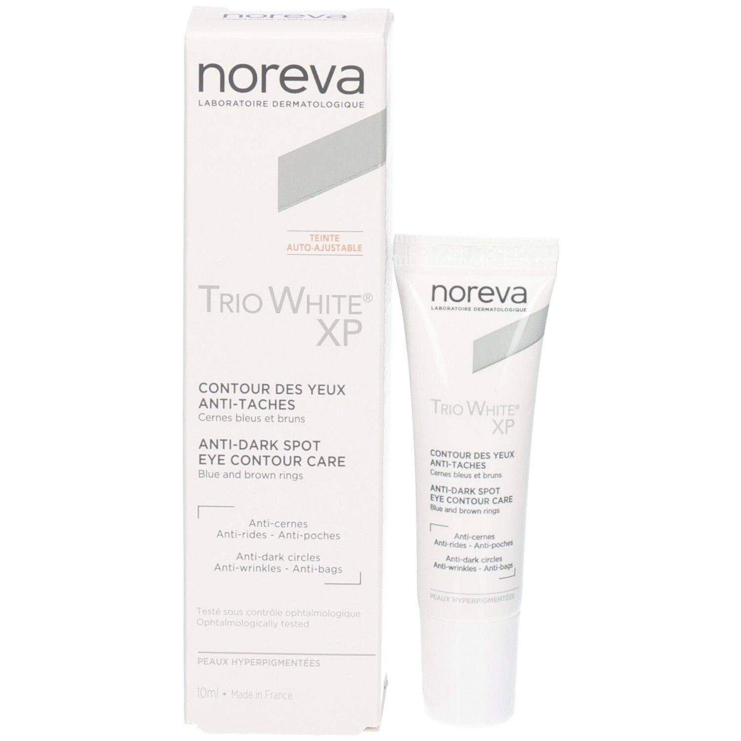 Noreva Laboratoires Trio White XP Anti-Dunkelpunkt Augenpflege Set mit Tube und Faltschachtel.