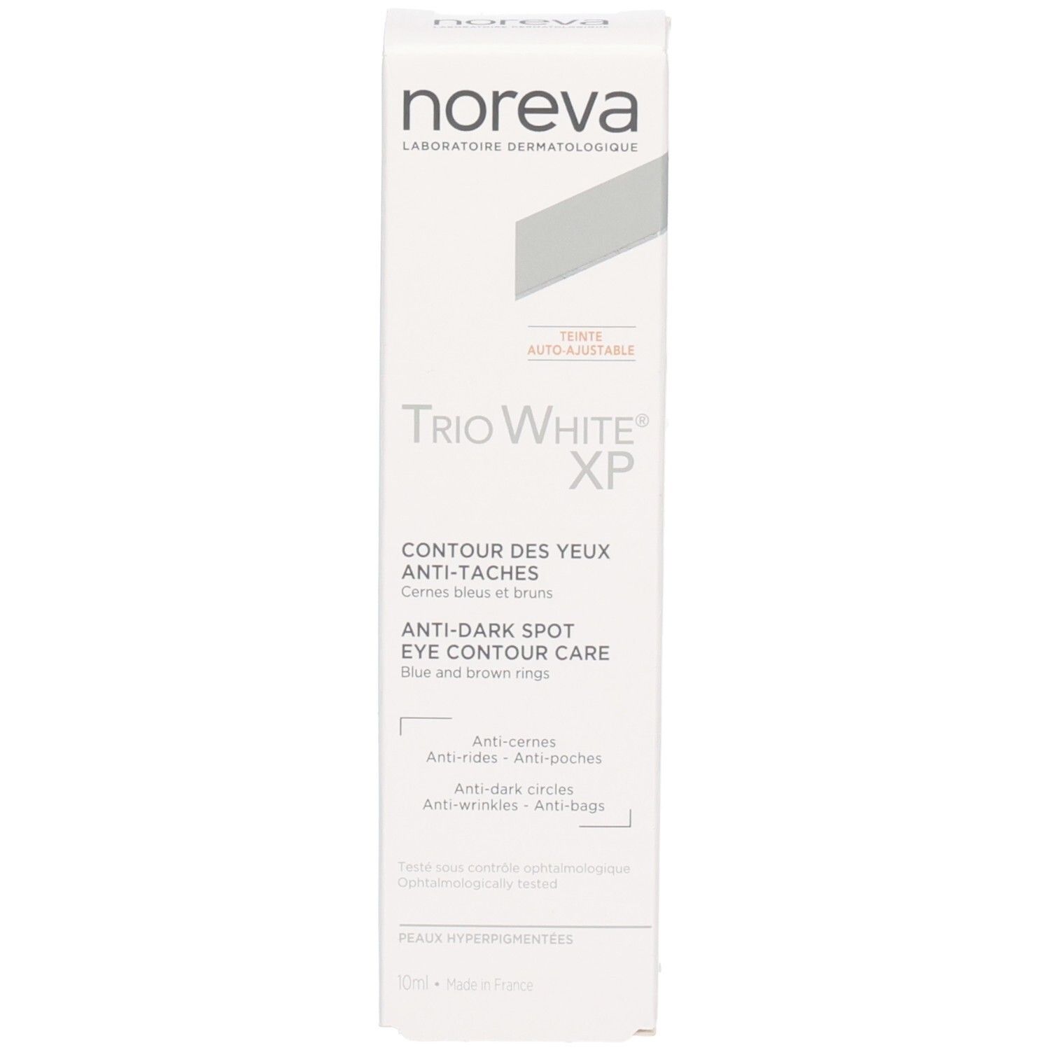 Noreva Laboratoires Trio White XP Anti-Dunkelpunkt Augenpflege Faltschachtel mit Produktinformationen.