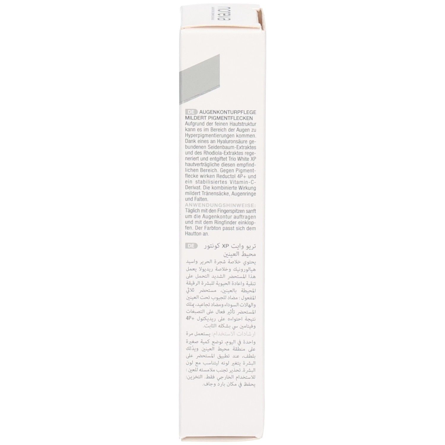 Noreva Laboratoires Trio White XP Augenkonturpflege Faltschachtel mit detaillierter Produktbeschreibung.