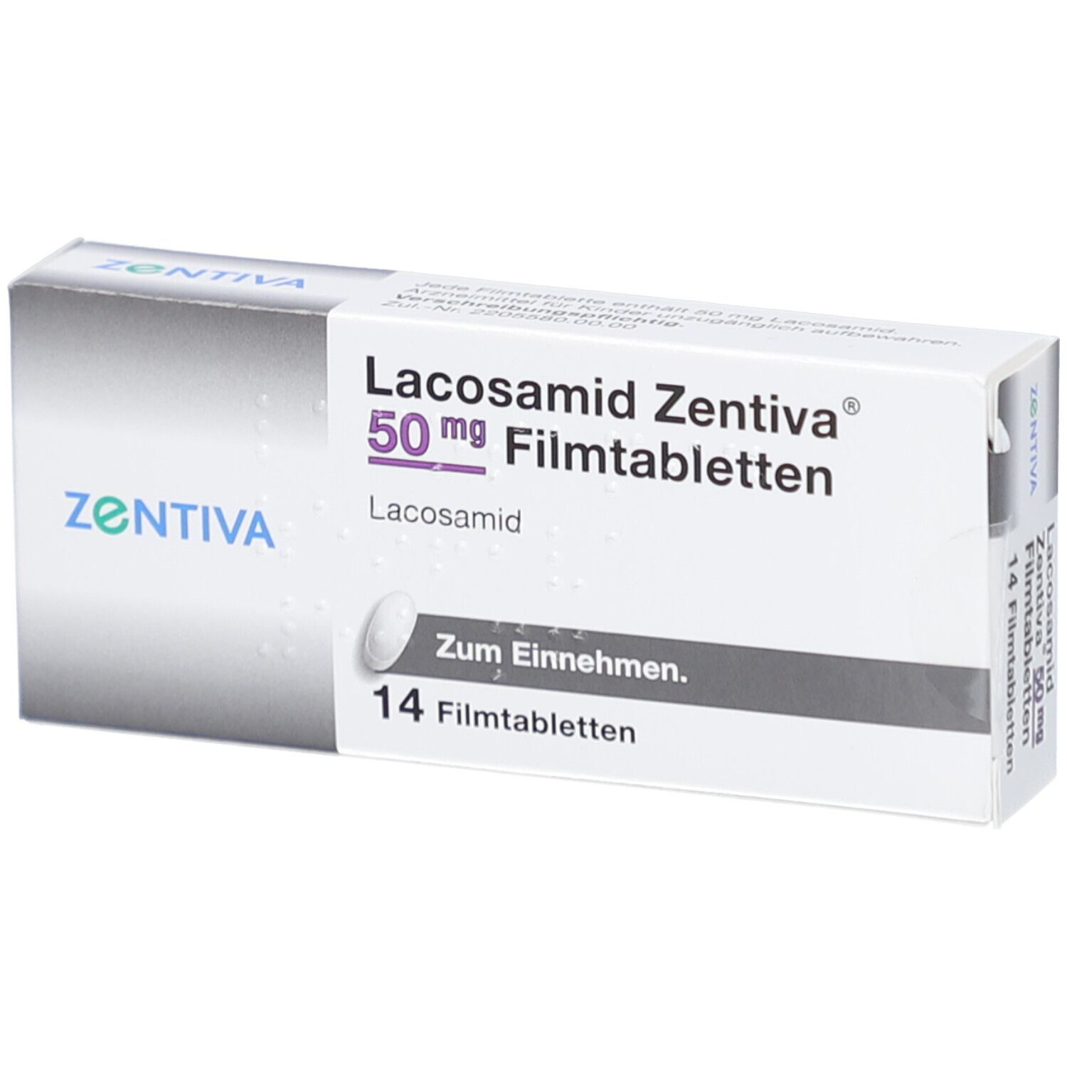 Schachtel mit LACOSAMID Zentiva 50 mg Filmtabletten. Aufschrift: 14 Filmtabletten. Marke ZENTIVA.