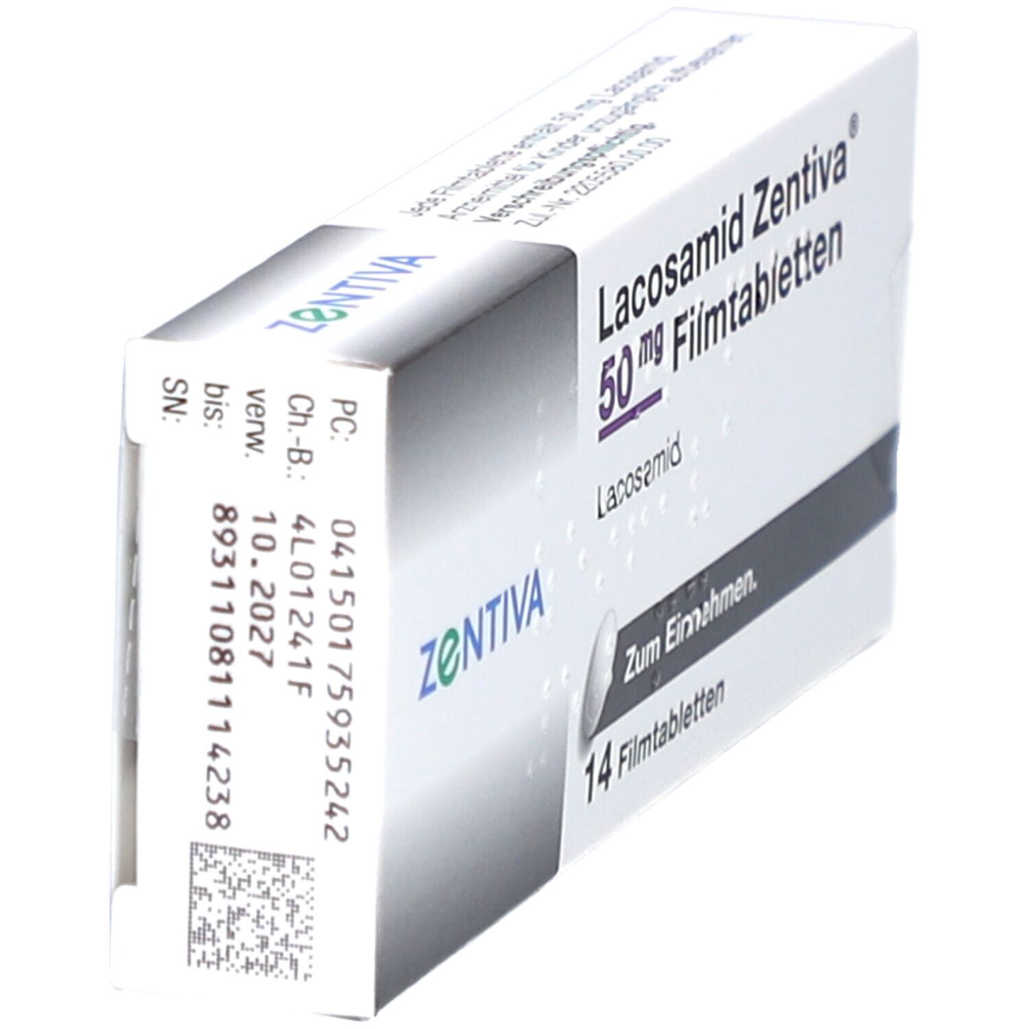 Schachtel LACOSAMID Zentiva 50 mg Filmtabletten. Aufdruck mit Chargennummer und Verfallsdatum. Marke ZENTIVA.