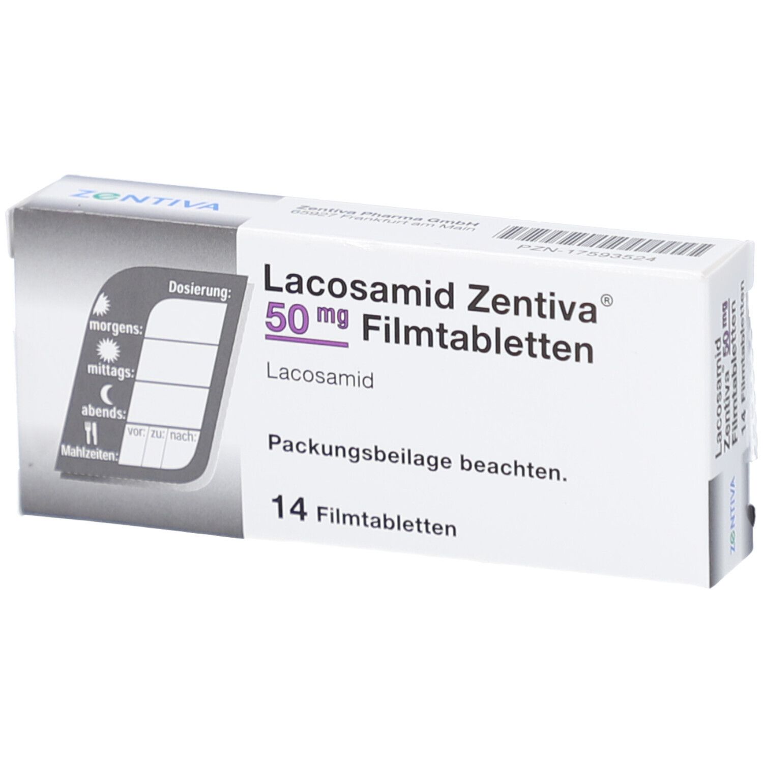 Schachtel LACOSAMID Zentiva 50 mg Filmtabletten. Aufdruck mit Dosierungshinweisen. Marke ZENTIVA. 14 Filmtabletten.