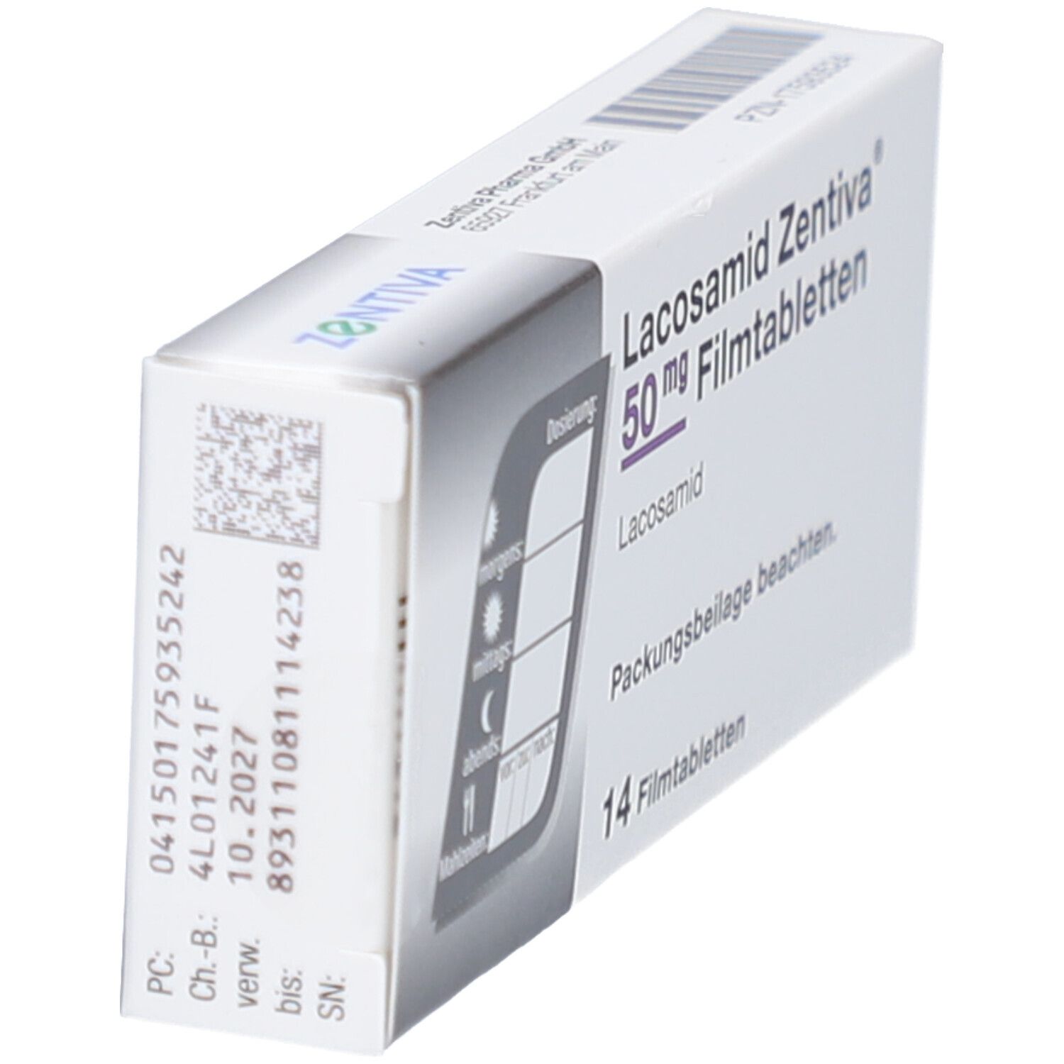Schachtel LACOSAMID Zentiva 50 mg Filmtabletten. Aufdruck mit Chargennummer und Verfallsdatum. Marke ZENTIVA.