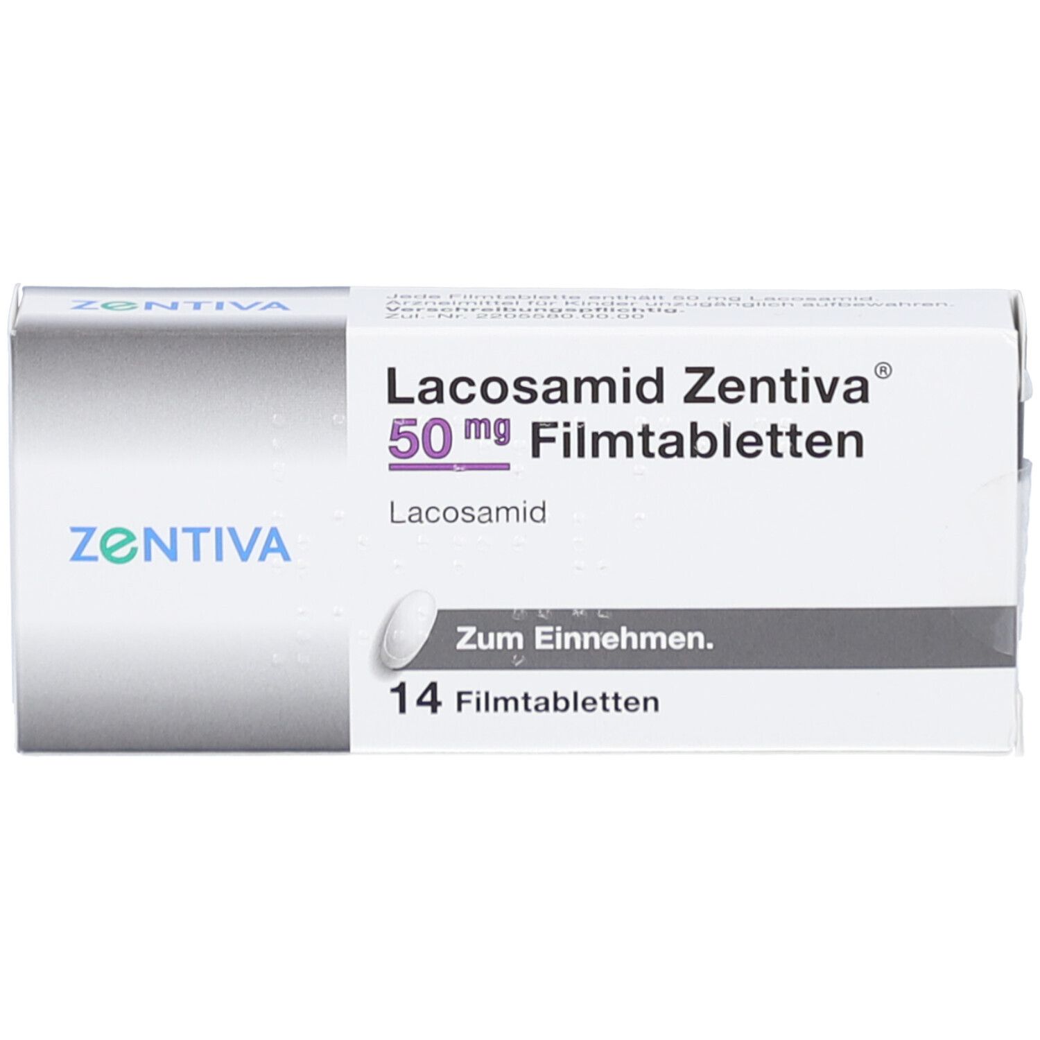 Schachtel LACOSAMID Zentiva 50 mg Filmtabletten. Aufschrift: 14 Filmtabletten. Marke ZENTIVA. Zum Einnehmen.