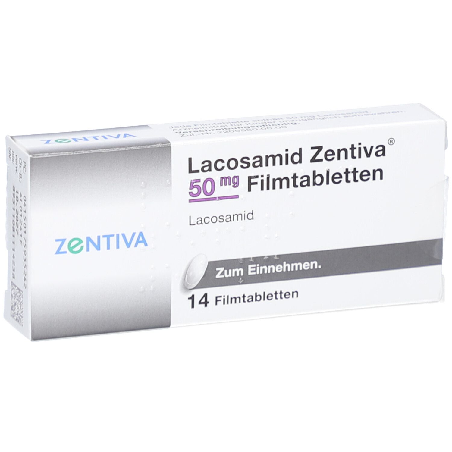 Schachtel LACOSAMID Zentiva 50 mg Filmtabletten. Aufschrift: 14 Filmtabletten. Marke ZENTIVA. Zum Einnehmen.