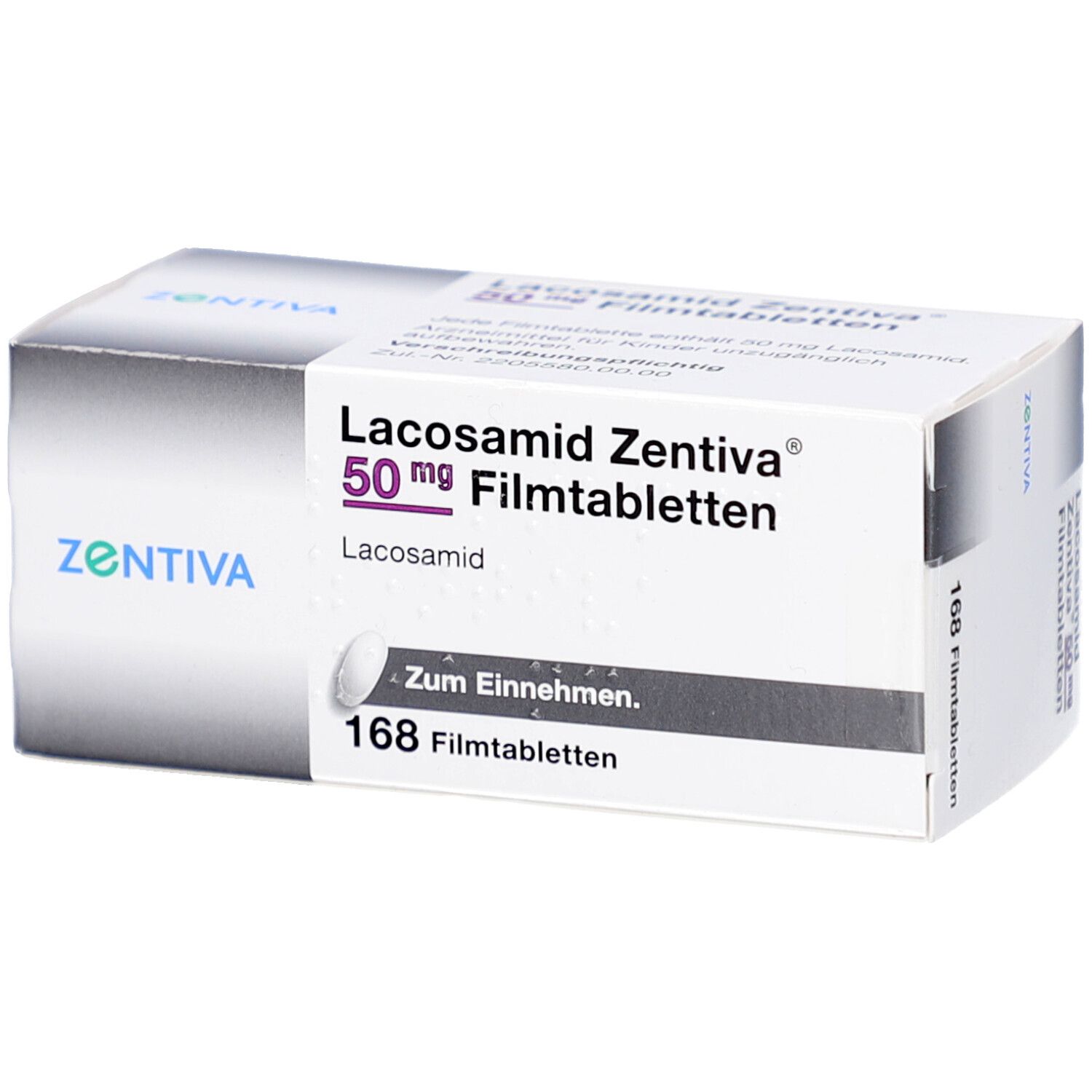 Schachtel mit LACOSAMID Zentiva 50 mg Filmtabletten. Aufschrift: 168 Filmtabletten. Marke: Zentiva.