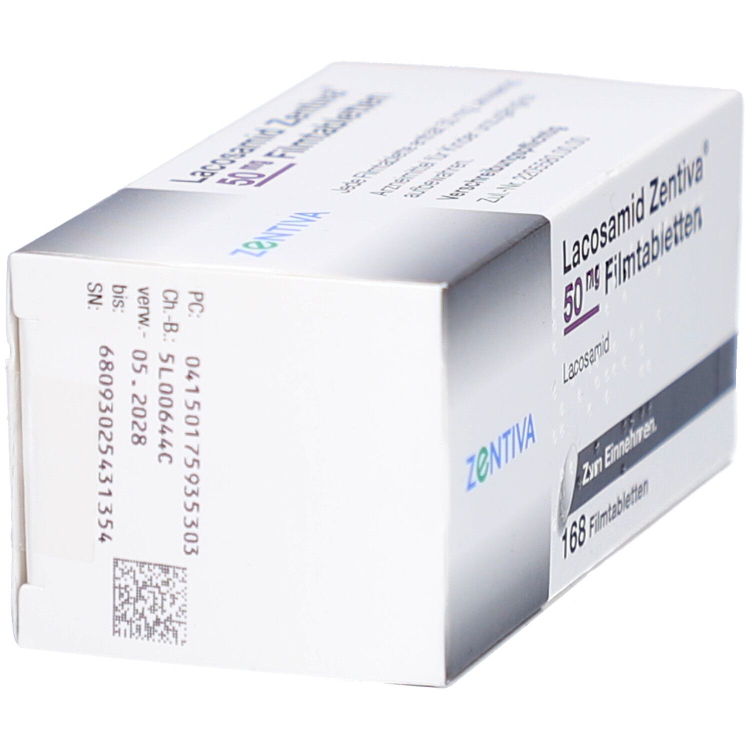 Seitenansicht der Schachtel mit LACOSAMID Zentiva 50 mg Filmtabletten. Marke: Zentiva. Text und Barcode.