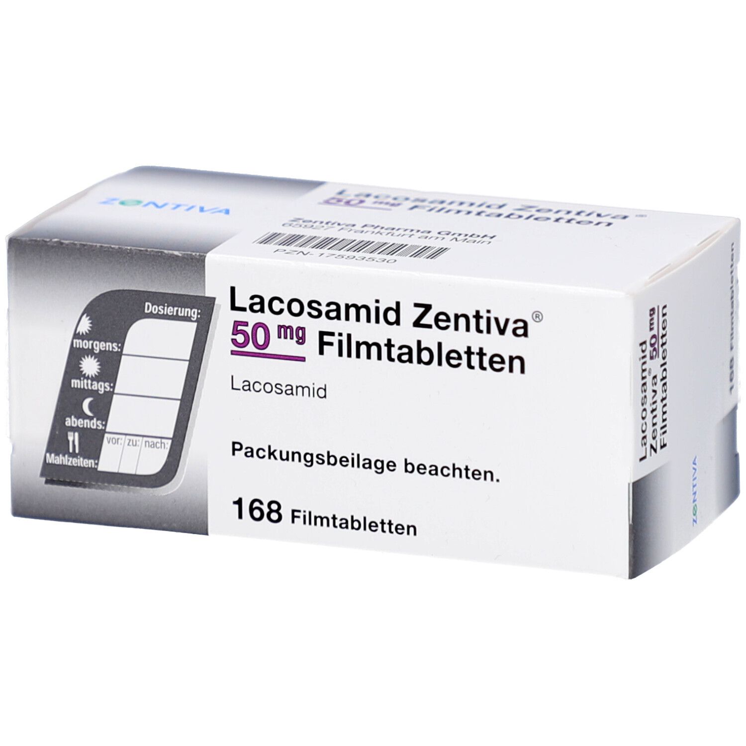 Schachtel mit LACOSAMID Zentiva 50 mg Filmtabletten. Aufschrift: 168 Filmtabletten. Dosierungsanleitung. Marke: Zentiva.