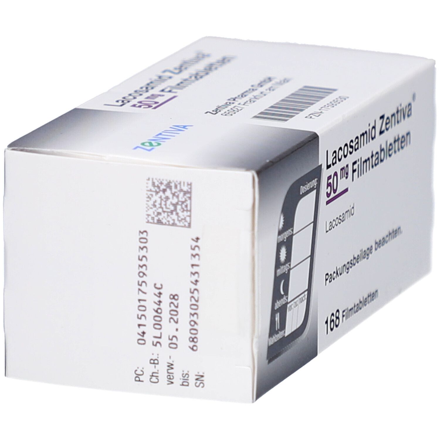 Seitenansicht der Schachtel mit LACOSAMID Zentiva 50 mg Filmtabletten. Text, Barcode und Dosierungsanleitung. Marke: Zentiva.