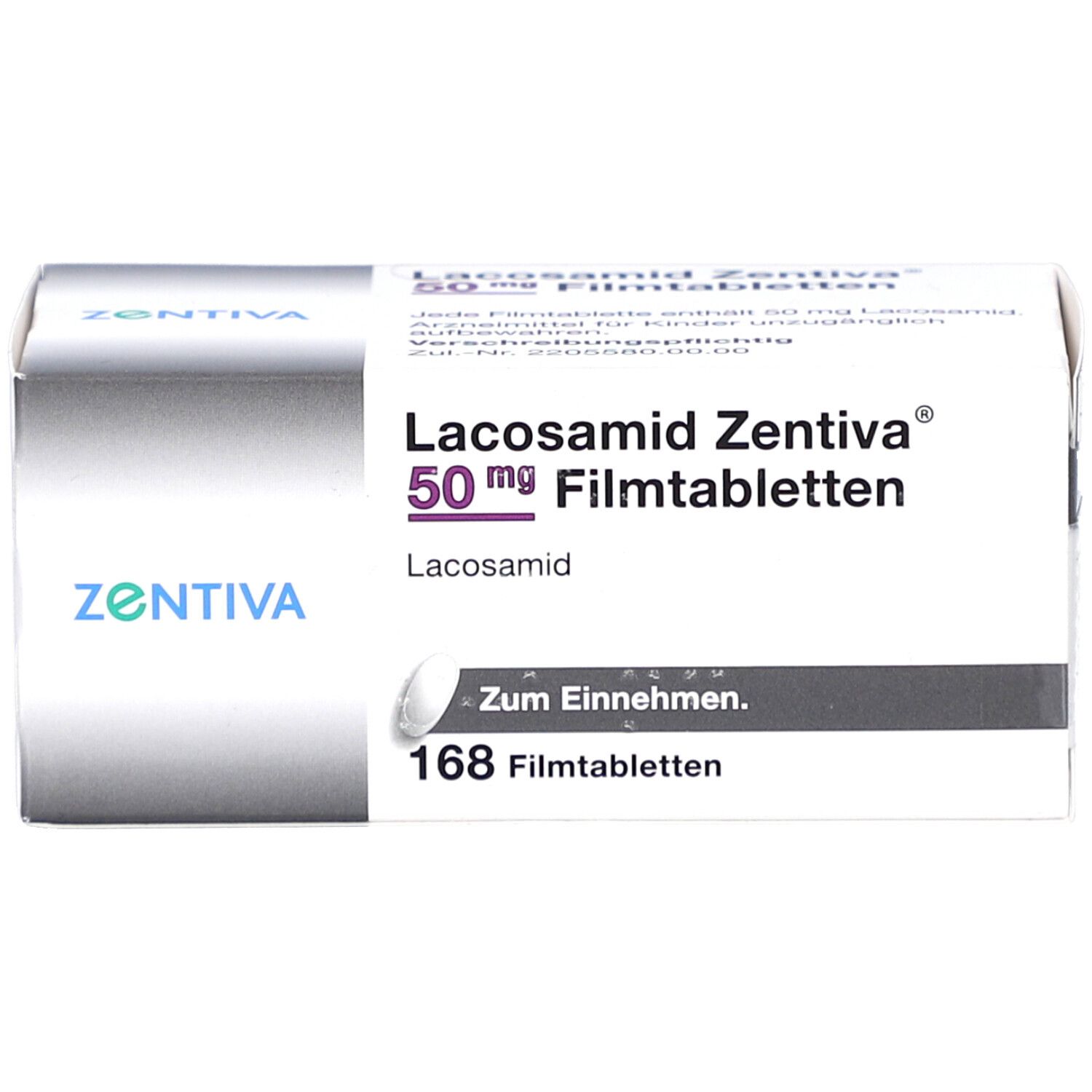 Schachtel mit LACOSAMID Zentiva 50 mg Filmtabletten. Aufschrift: 168 Filmtabletten. Marke: Zentiva. Zum Einnehmen.