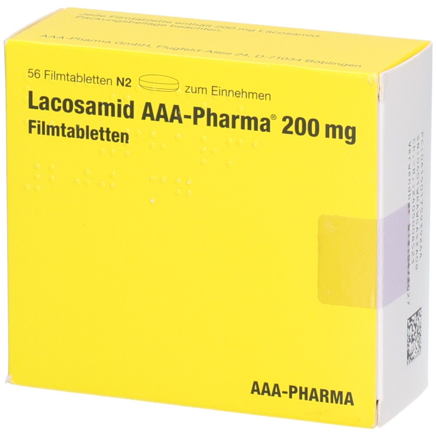 Gelbe Schachtel mit Lacosamid AAA-Pharma 200 mg Filmtabletten, 56 Stück.