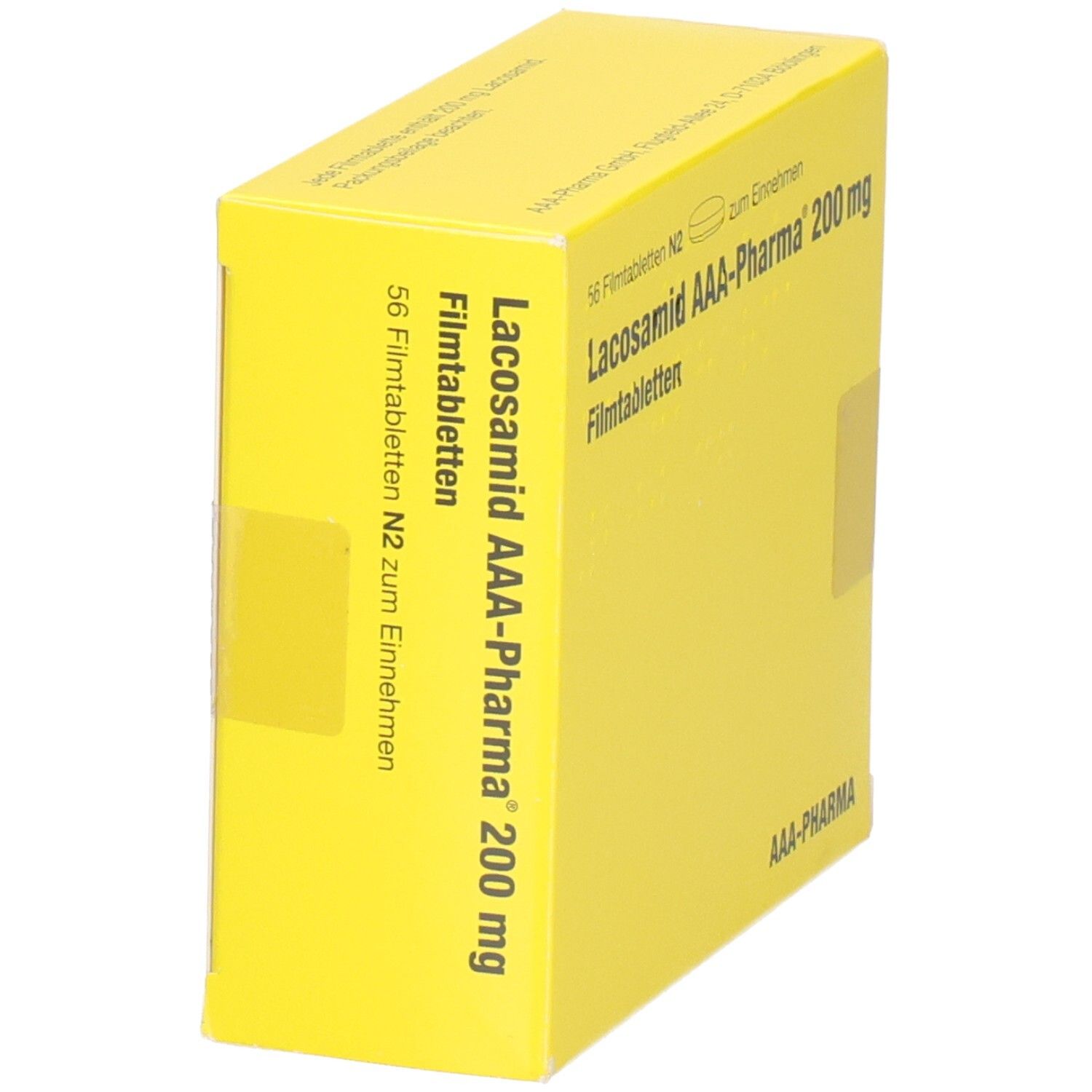 Gelbe Schachtel mit Lacosamid AAA-Pharma 200 mg Filmtabletten, 56 Stück, von der Seite gezeigt.