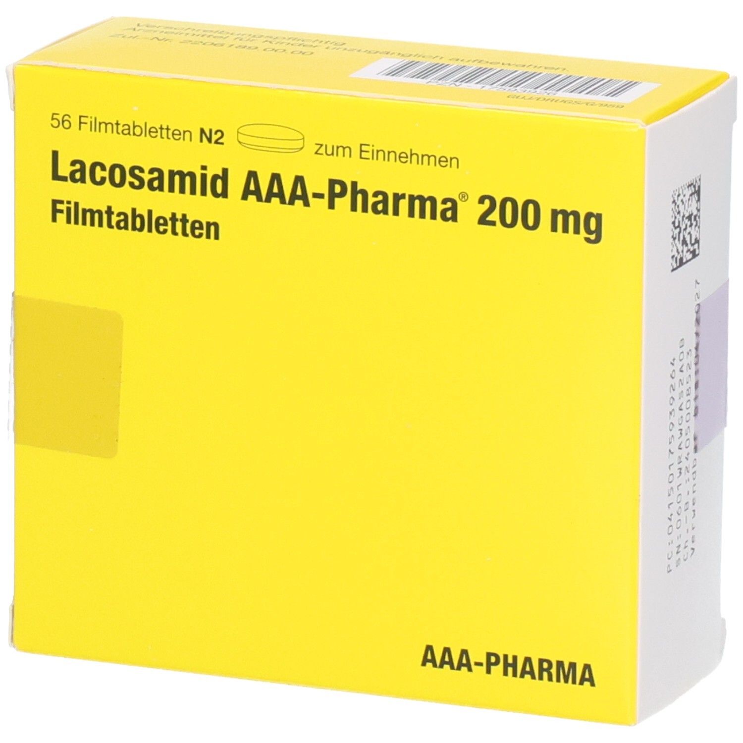 Gelbe Schachtel mit Lacosamid AAA-Pharma 200 mg Filmtabletten, 56 Stück, leicht schräg von vorne.