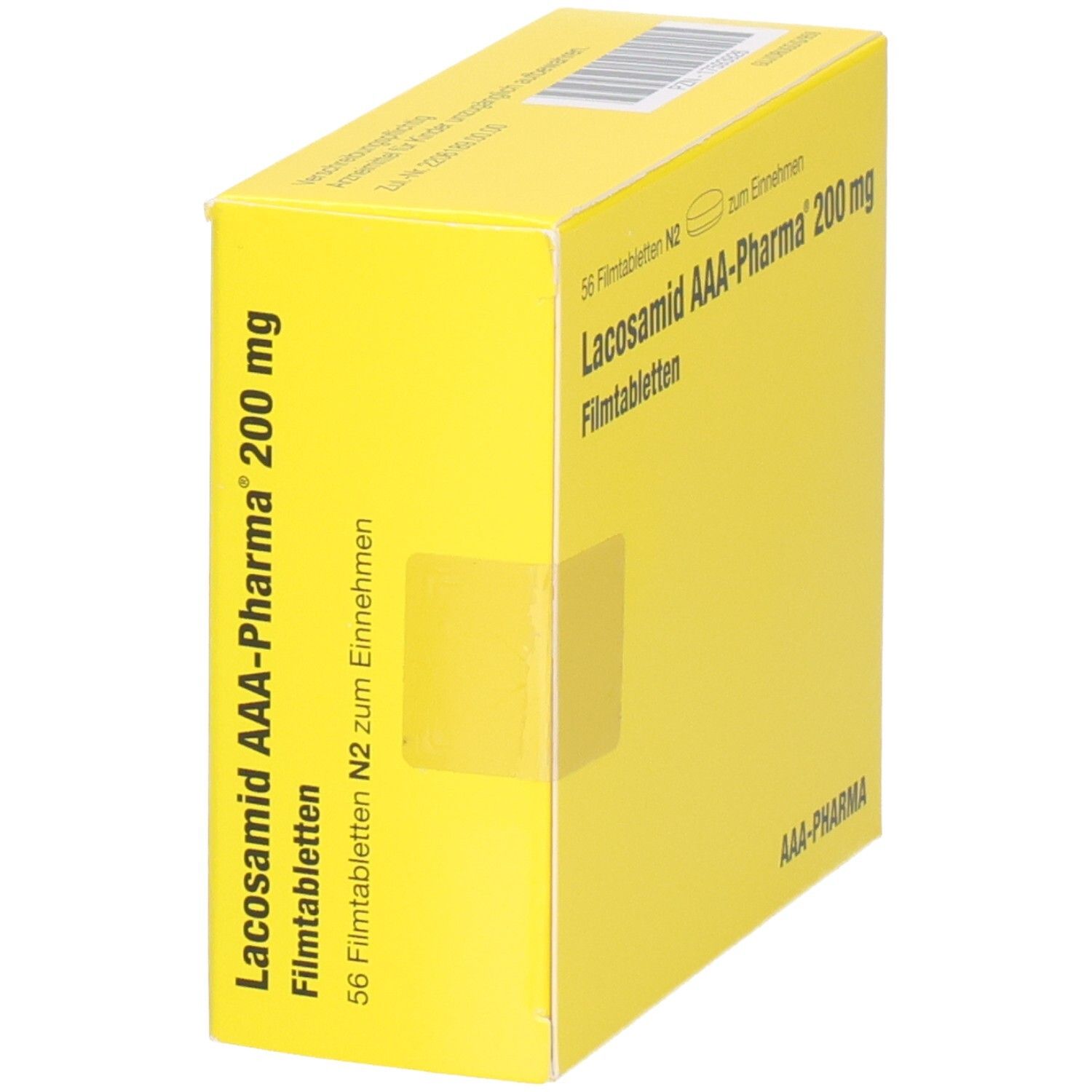 Gelbe Schachtel mit Lacosamid AAA-Pharma 200 mg Filmtabletten, 56 Stück, von der Seite gezeigt.