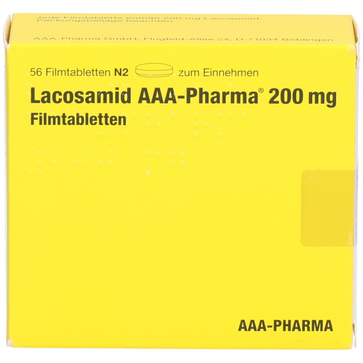 Gelbe Schachtel mit Lacosamid AAA-Pharma 200 mg Filmtabletten, 56 Stück, von vorne.