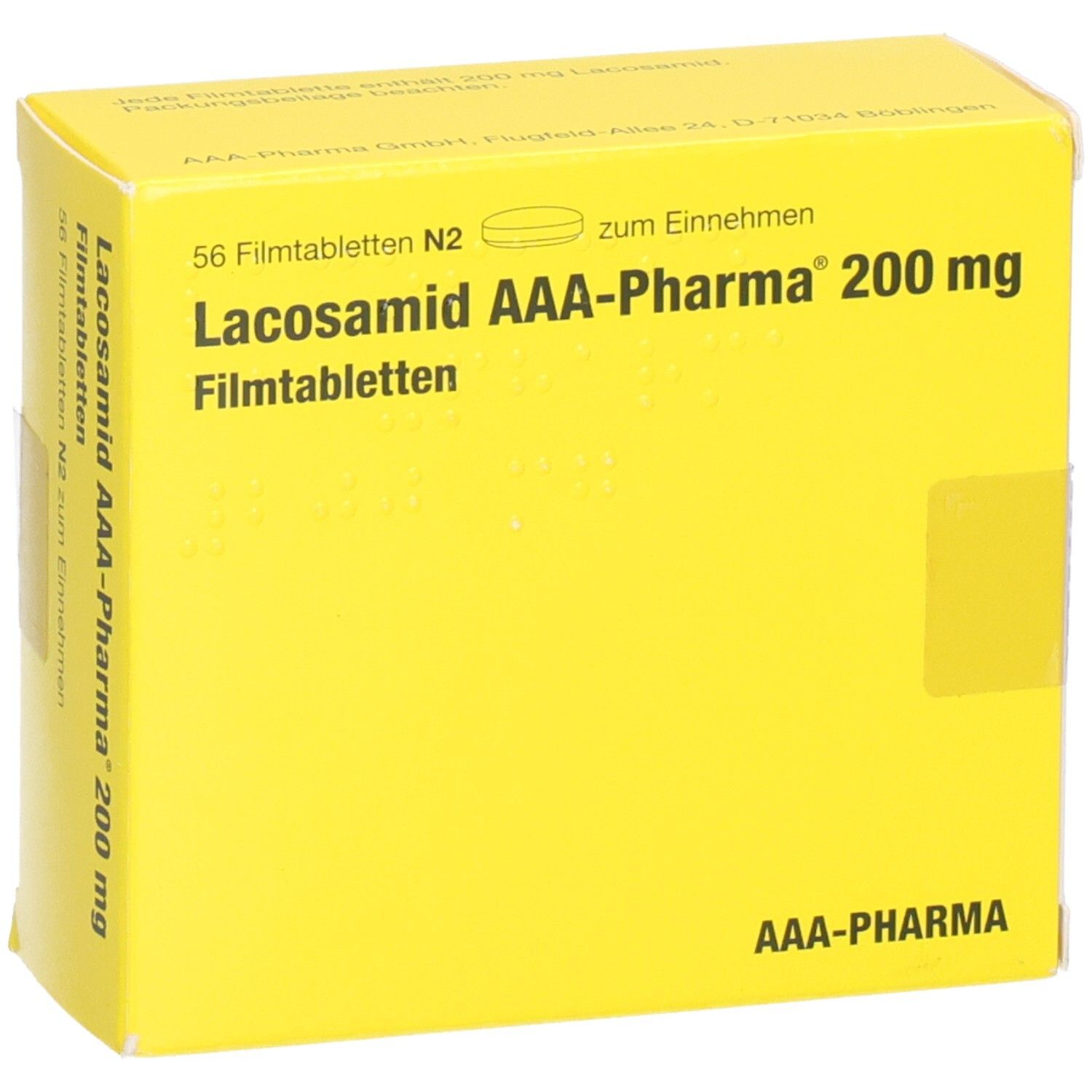 Gelbe Schachtel mit Lacosamid AAA-Pharma 200 mg Filmtabletten, 56 Stück, leicht schräg von vorne.