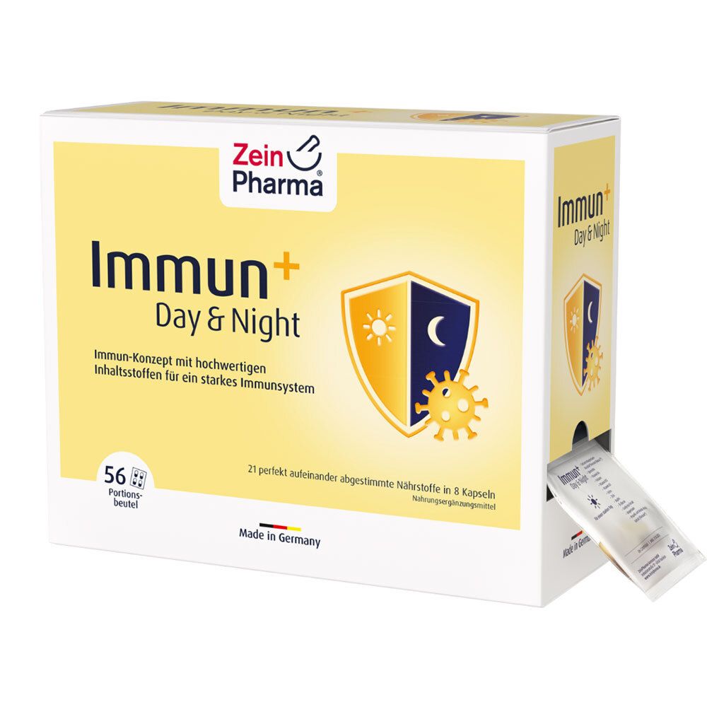 ZeinPharma Immun+ Day & Night. Weiße Schachtel mit Produktname und Logo. 56 Portionen. Gelbes Schild mit Sonne und Mond.