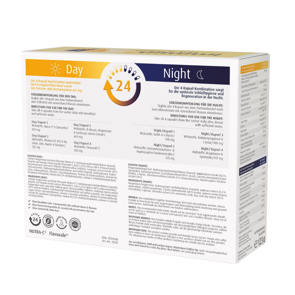 Rückseite der ZeinPharma Immun+ Day & Night Verpackung. Informationen zu Tages- und Nachtkapseln. Inhaltsstoffe und Anwendungshinweise.
