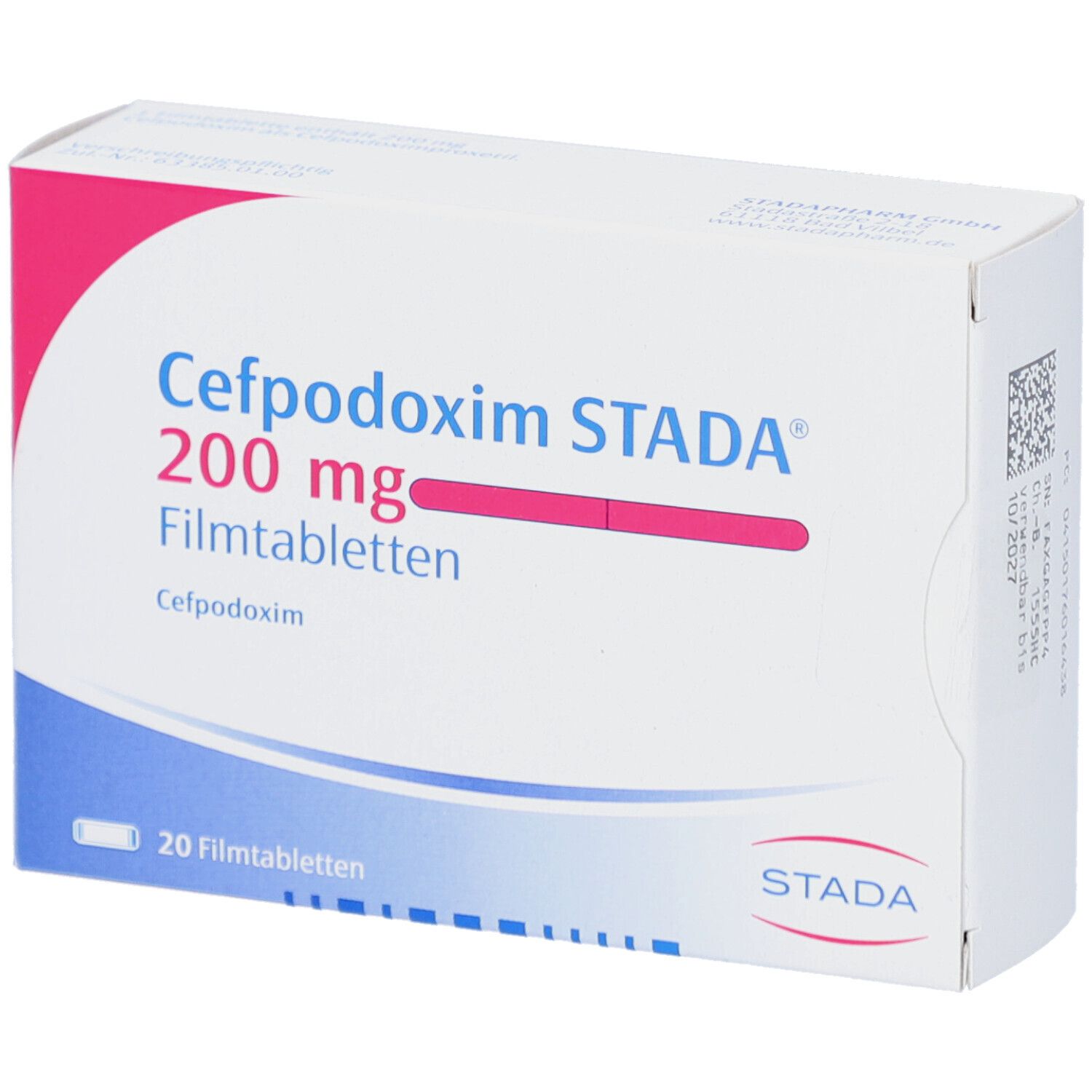 Schachtel mit CEFPODOXIM STADA 200 mg Filmtabletten. Weiße Verpackung mit blauer und rosa Schrift. STADA Logo.