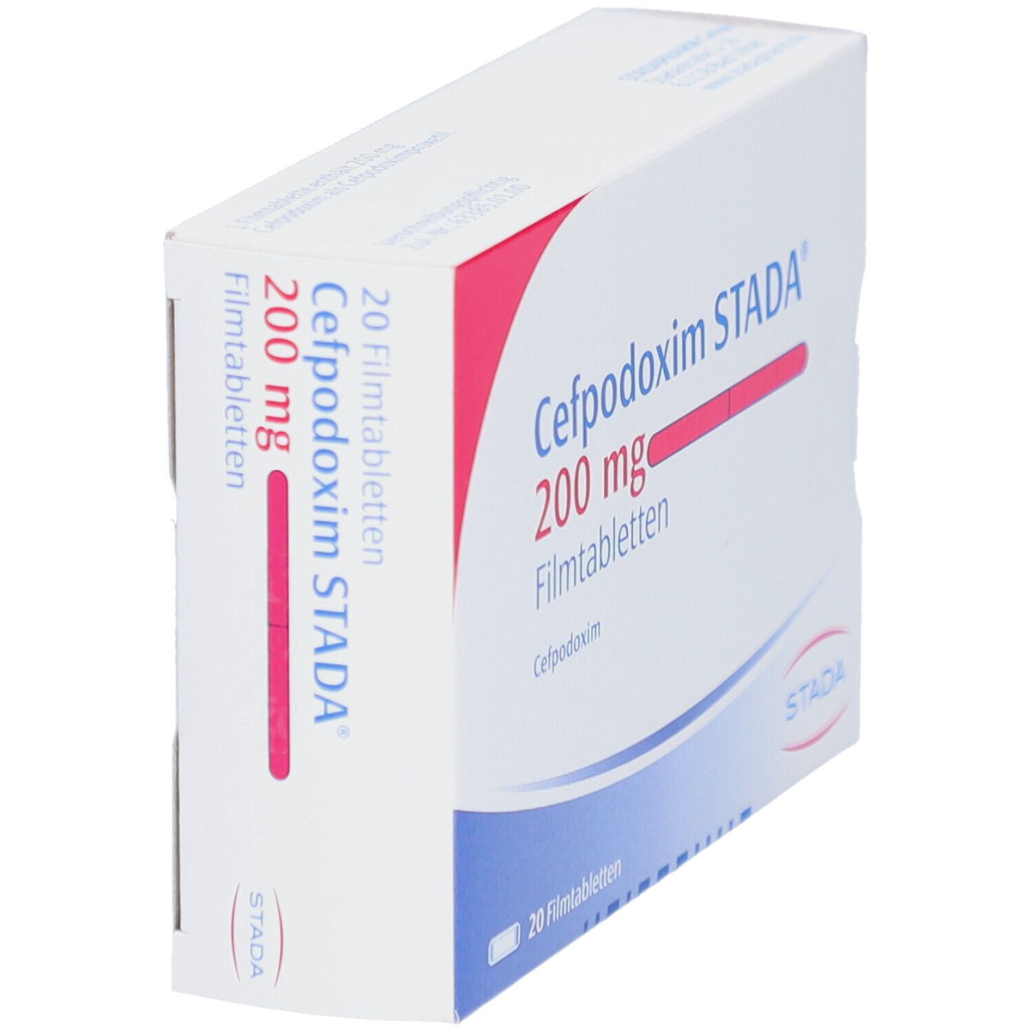 Schachtel CEFPODOXIM STADA 200 mg Filmtabletten. Weiße Verpackung, blaue und rosa Schrift. STADA Logo. Ansicht schräg.