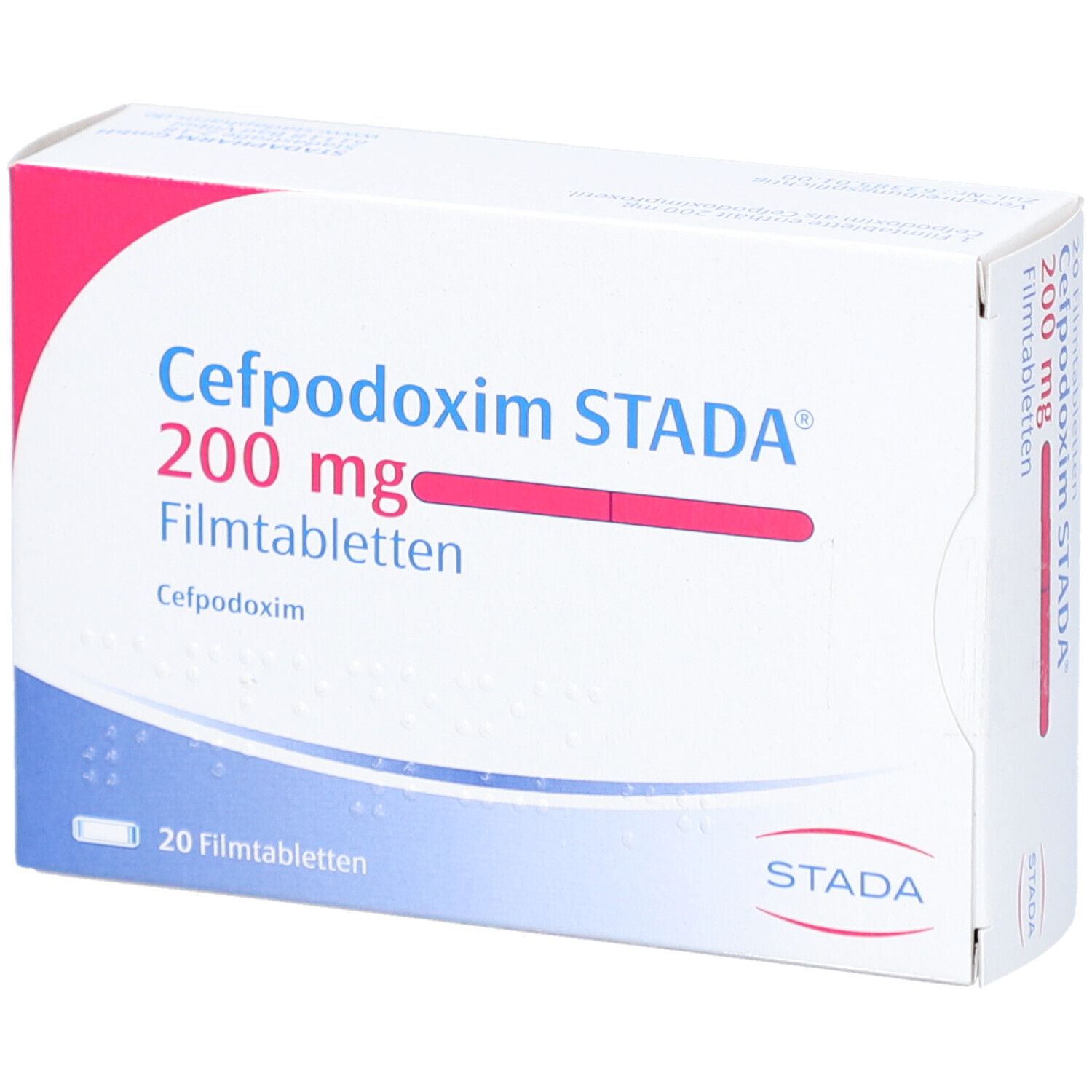 Schachtel mit CEFPODOXIM STADA 200 mg Filmtabletten. Weiße Verpackung mit blauer und rosa Schrift. STADA Logo.