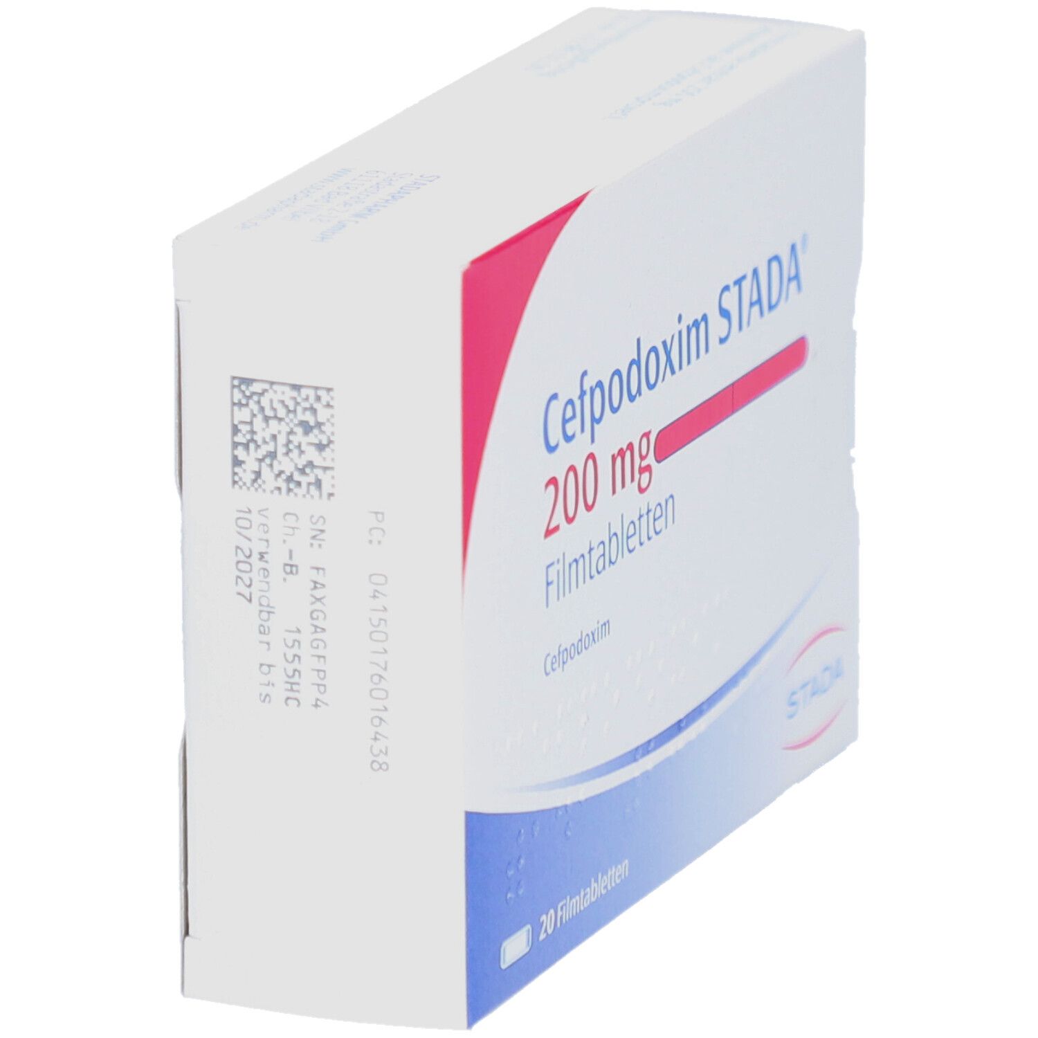 Schachtel CEFPODOXIM STADA 200 mg Filmtabletten. Weiße Verpackung, blaue und rosa Schrift. STADA Logo. Detailansicht.