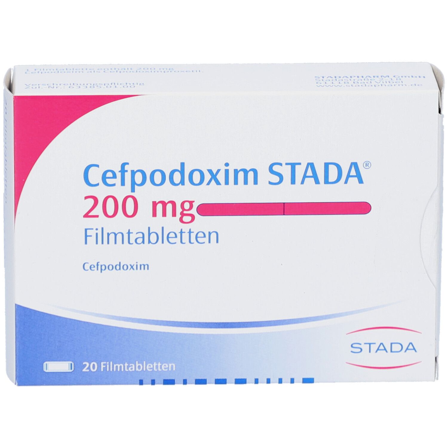 Schachtel mit CEFPODOXIM STADA 200 mg Filmtabletten. Weiße Verpackung mit blauer und rosa Schrift. STADA Logo.
