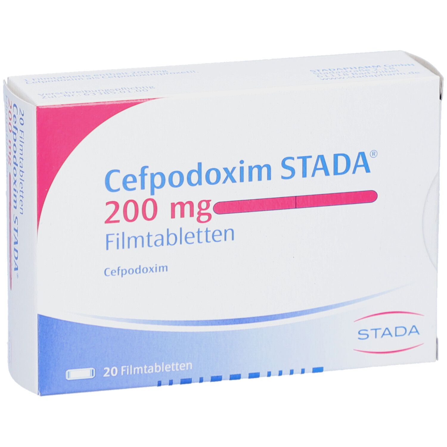 Schachtel mit CEFPODOXIM STADA 200 mg Filmtabletten. Weiße Verpackung mit blauer und rosa Schrift. STADA Logo.