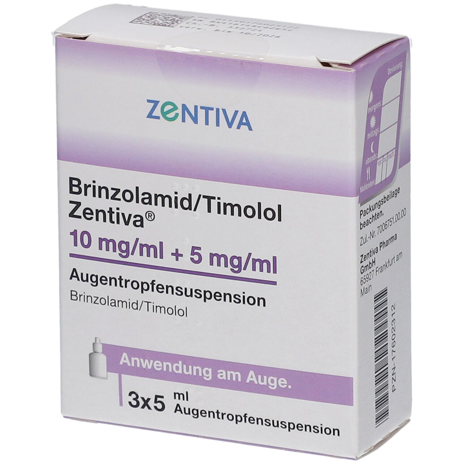 Schachtel mit Augentropfensuspension. Aufschrift: Brinzolamid/Timolol Zentiva 10 mg/ml + 5 mg/ml. 3x5 ml.