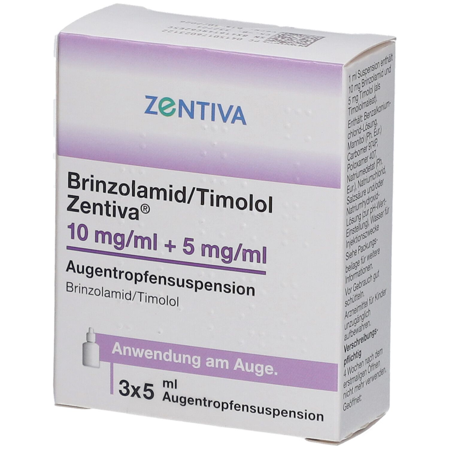 Schachtel mit Augentropfensuspension. Aufschrift: Brinzolamid/Timolol Zentiva 10 mg/ml + 5 mg/ml. 3x5 ml.
