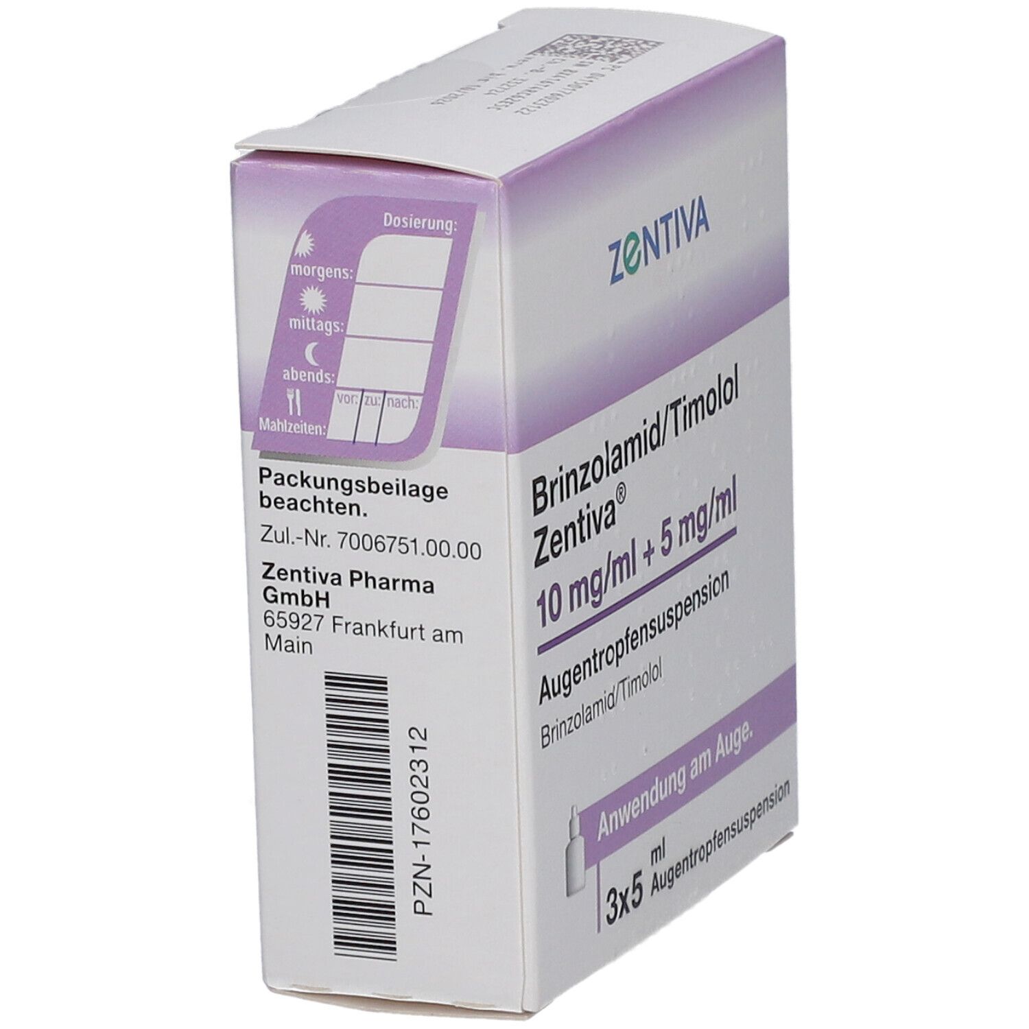 Schachtel mit Augentropfensuspension. Aufschrift: Brinzolamid/Timolol Zentiva 10 mg/ml + 5 mg/ml. 3x5 ml. Rückseite.
