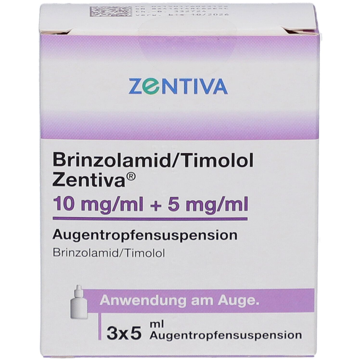 Schachtel mit Augentropfensuspension. Aufschrift: Brinzolamid/Timolol Zentiva 10 mg/ml + 5 mg/ml. 3x5 ml.