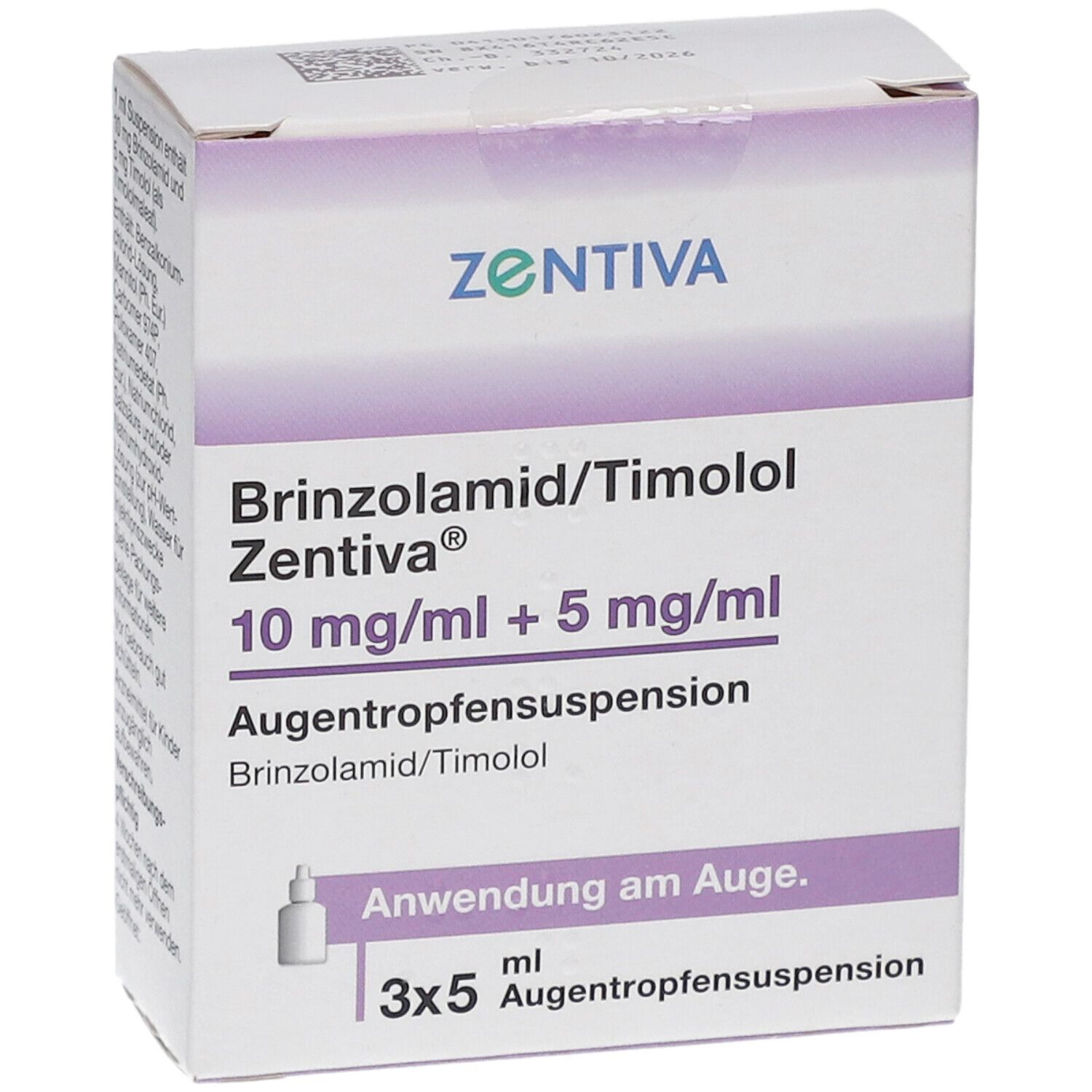 Schachtel mit Augentropfensuspension. Aufschrift: Brinzolamid/Timolol Zentiva 10 mg/ml + 5 mg/ml. 3x5 ml.