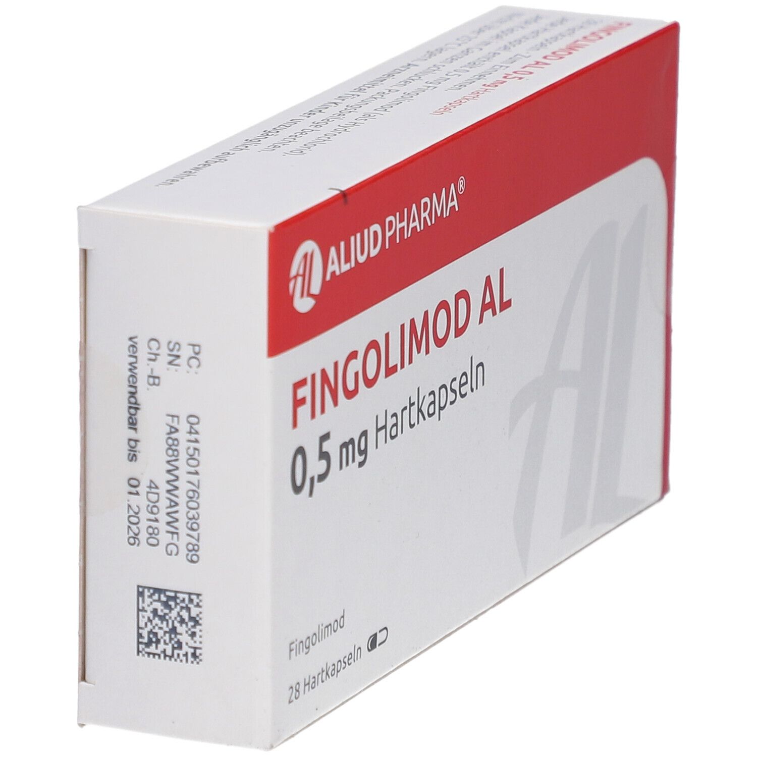 Weiße Faltschachtel mit rotem Deckel. Aufschrift: FINGOLIMOD AL 0,5 mg Hartkapseln. Logo: AL Aliud Pharma. 28 Hartkapseln. Details auf der Seite.